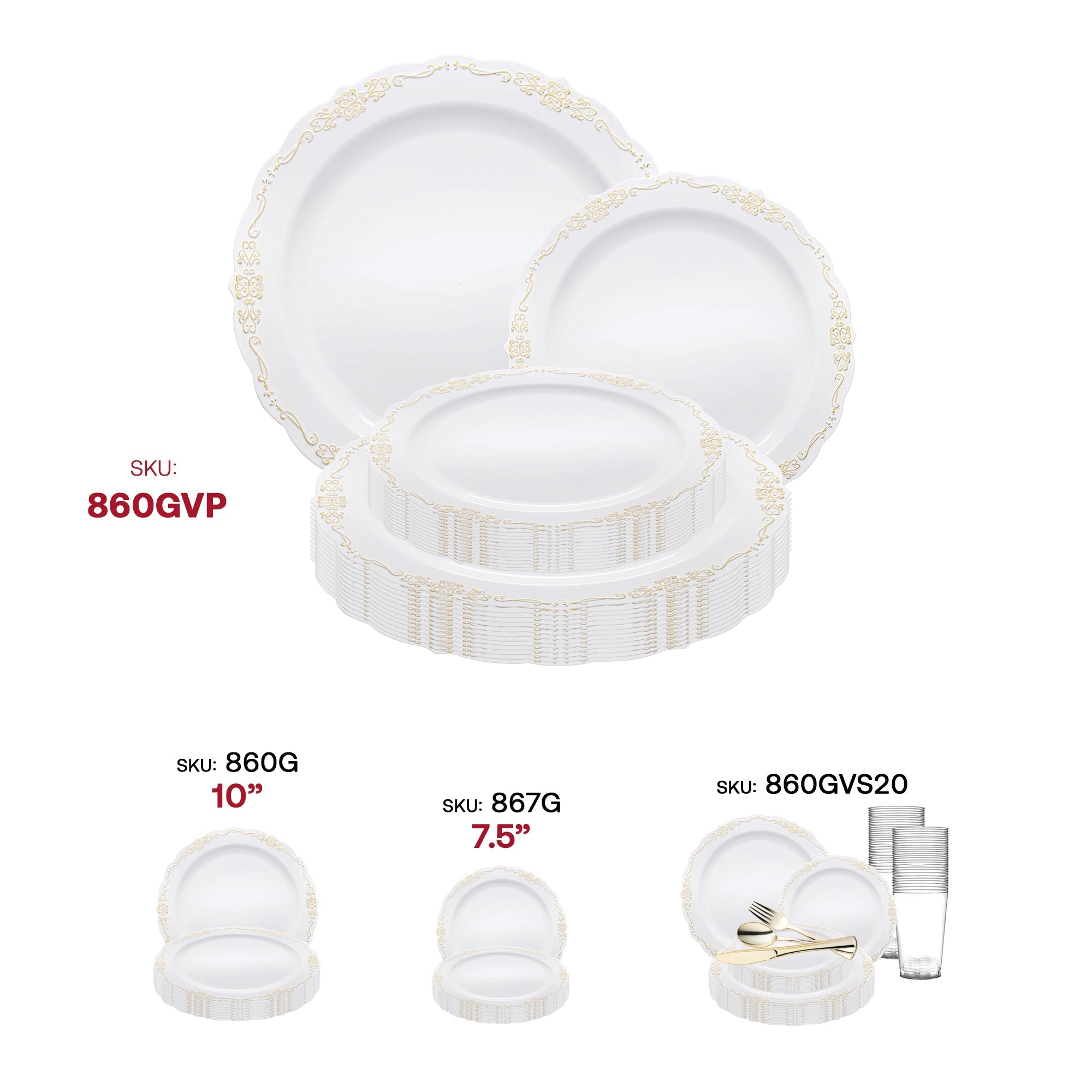 White with Gold Vintage Rim Round Disposable Plastic Dinnerware Value Set