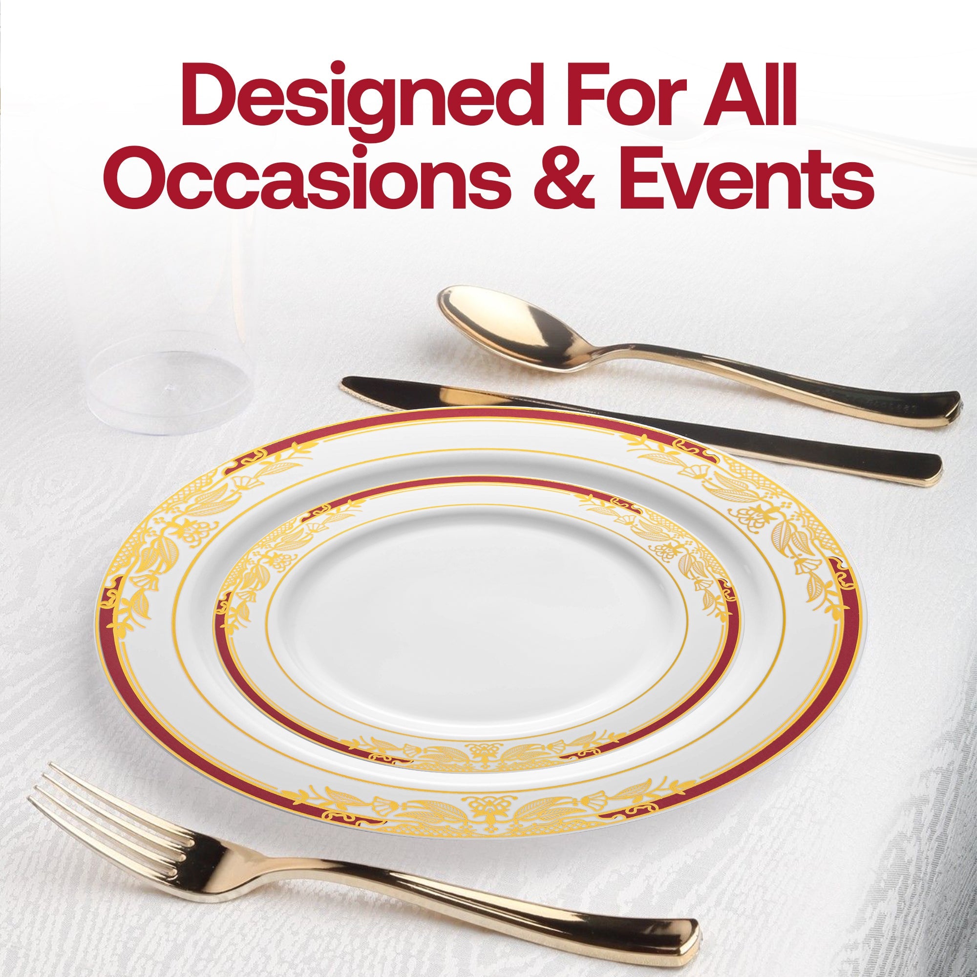 White with Burgundy and Gold Harmony Rim Plastic Dinnerware Value Set
