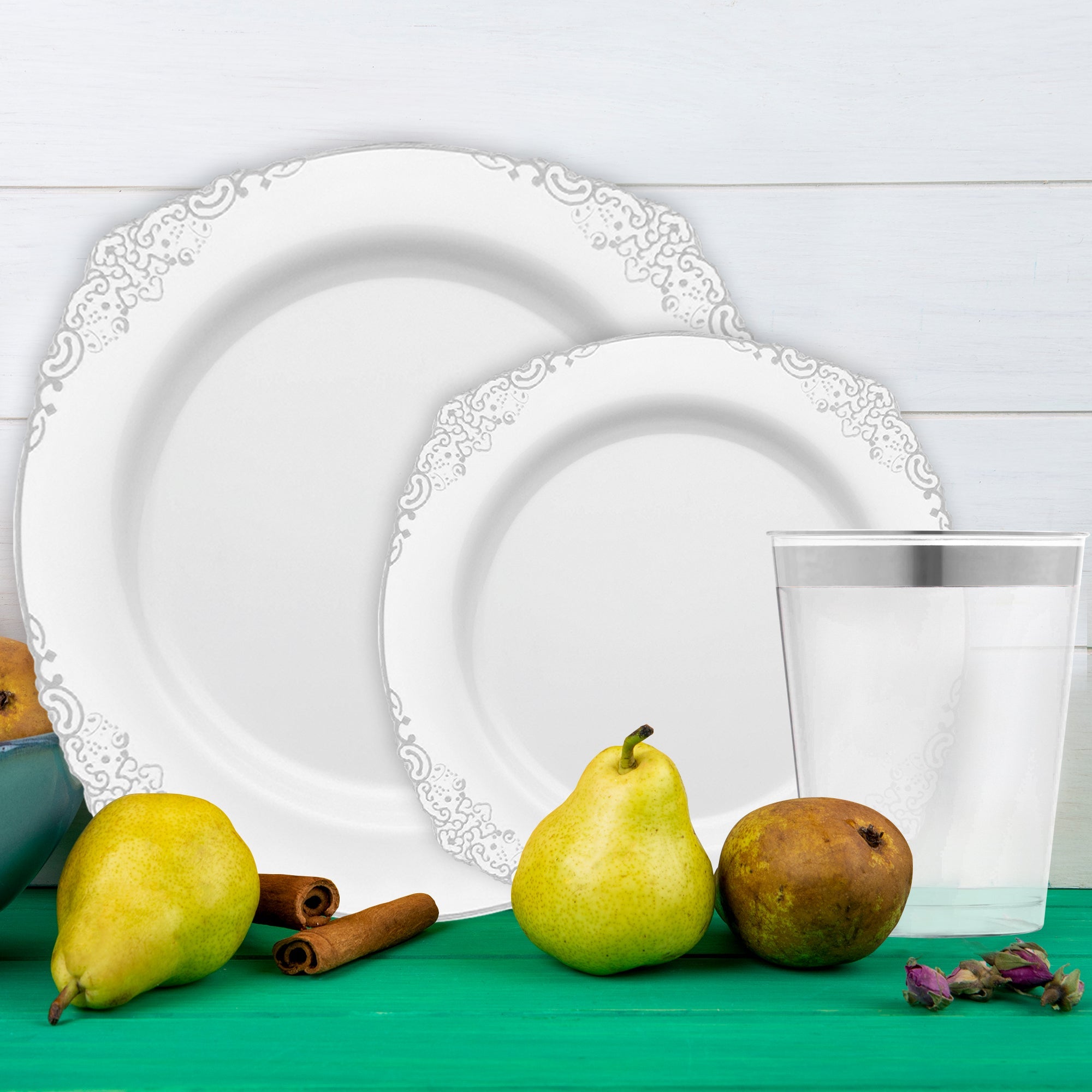 White with Silver Fancy Round Disposable Plastic Tableware Set