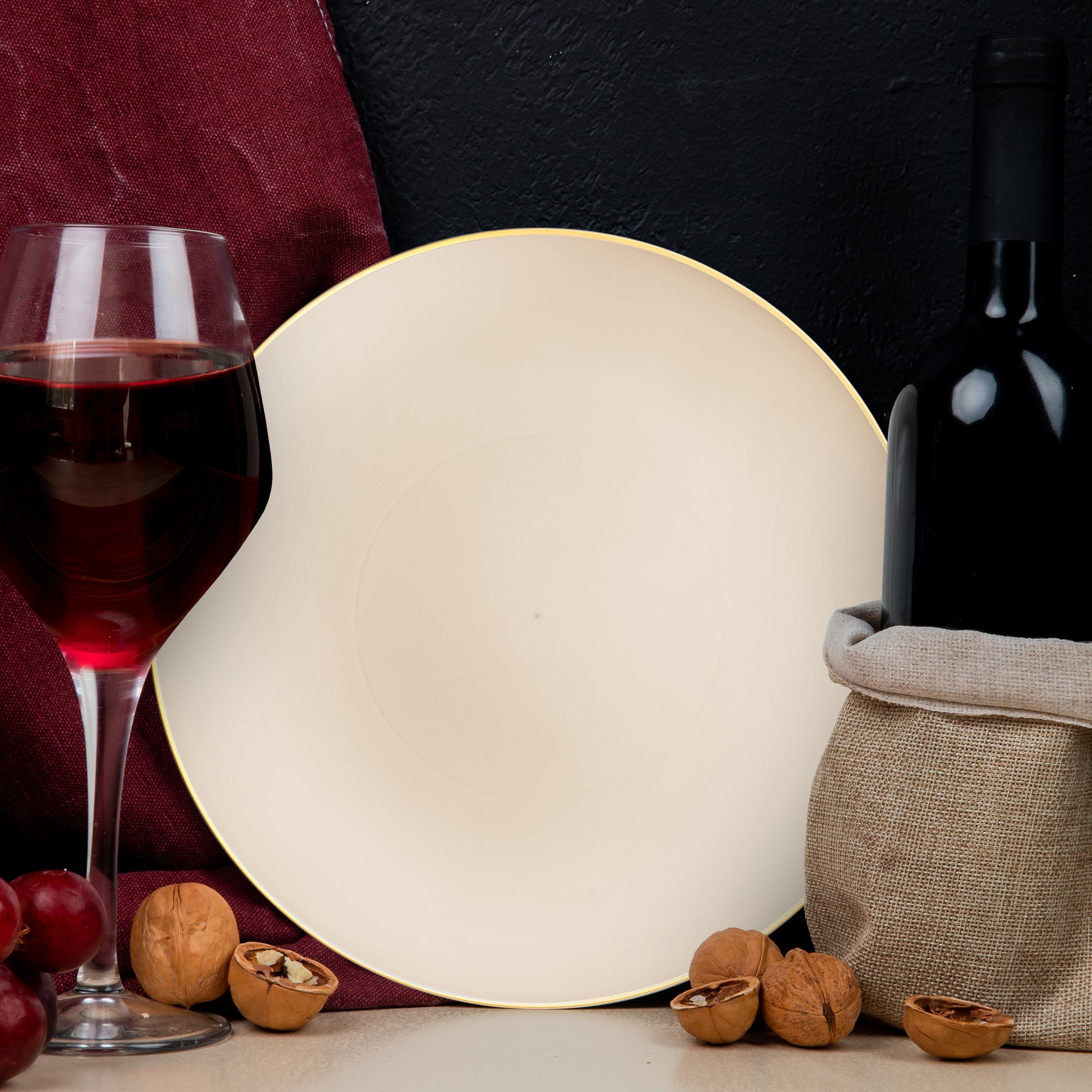 Ivory with Gold Rim Organic Round Disposable Plastic Dinner Plates (10.25")