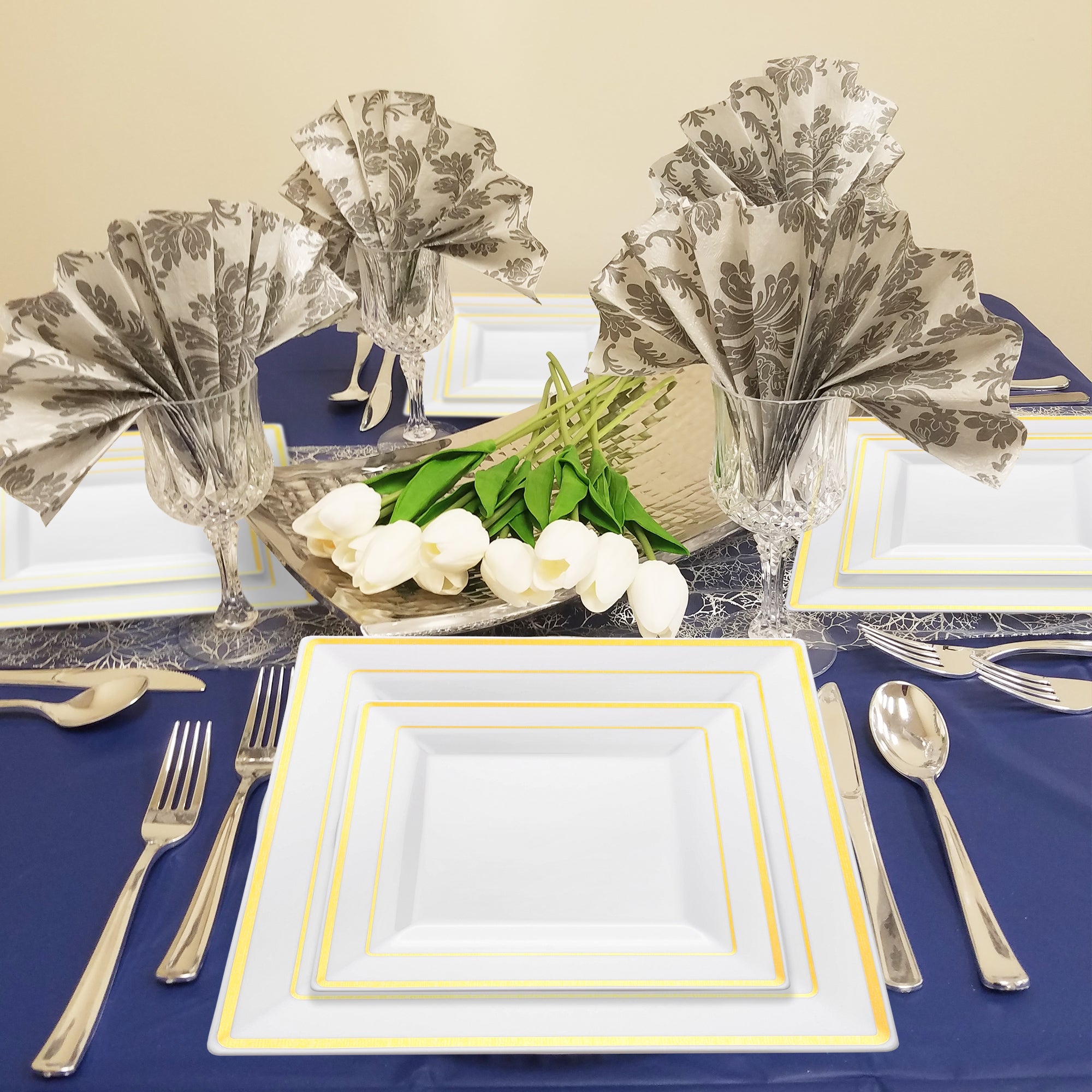 White with Gold Square Edge Rim Plastic Dinner Plates (9.5")