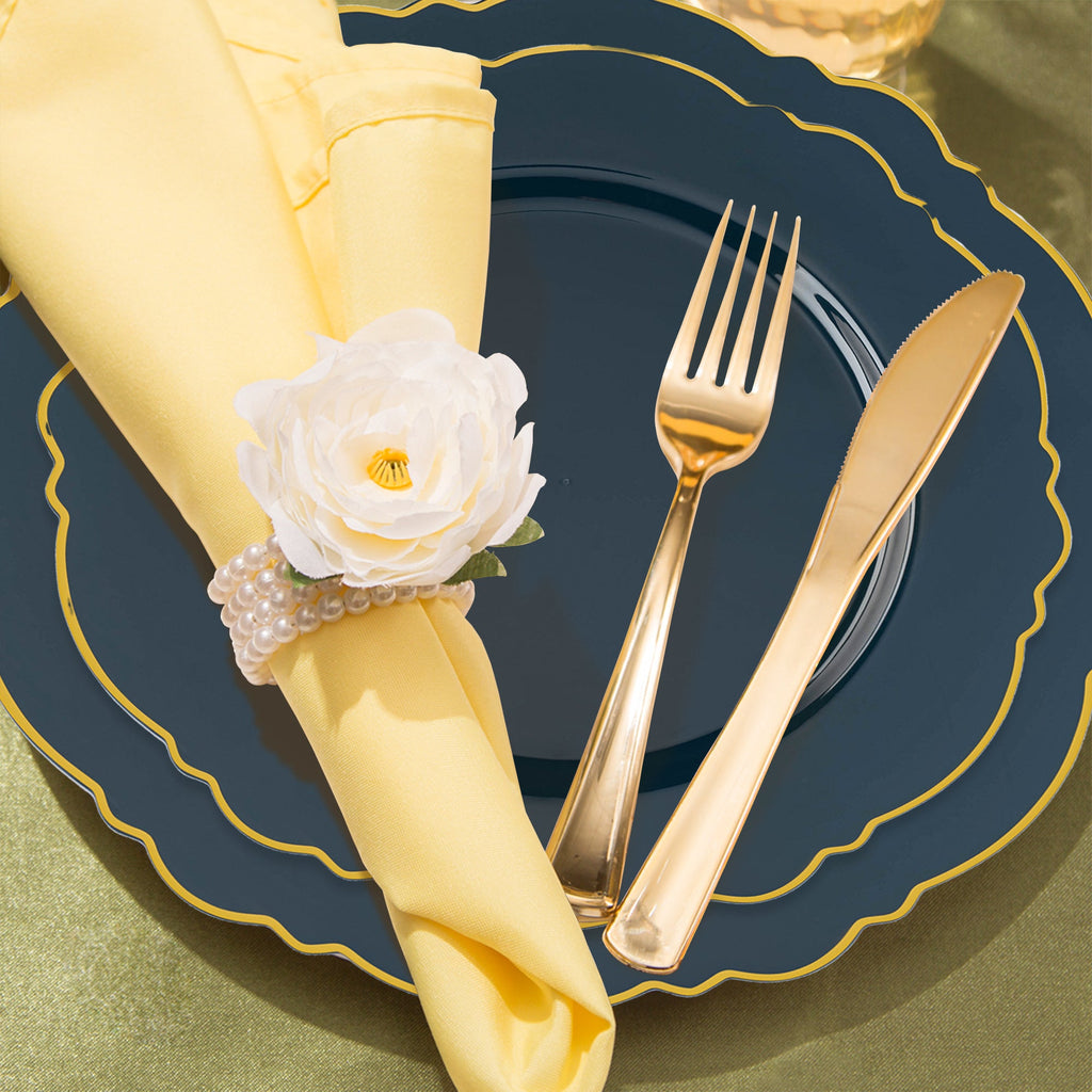 Navy with Gold Rim Round Blossom Disposable Plastic Wedding Value Set