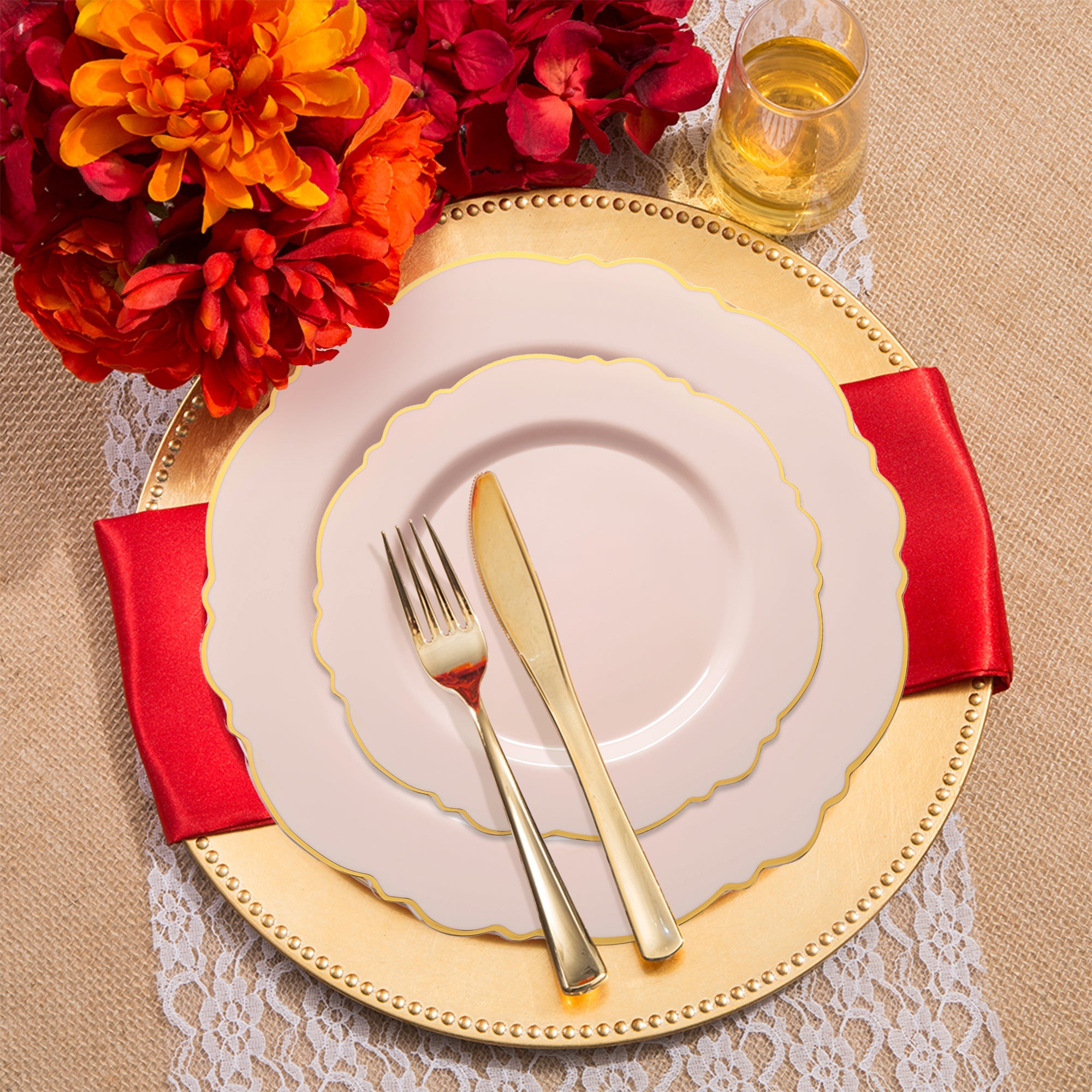 Pink with Gold Rim Round Blossom Disposable Plastic Wedding Value Set