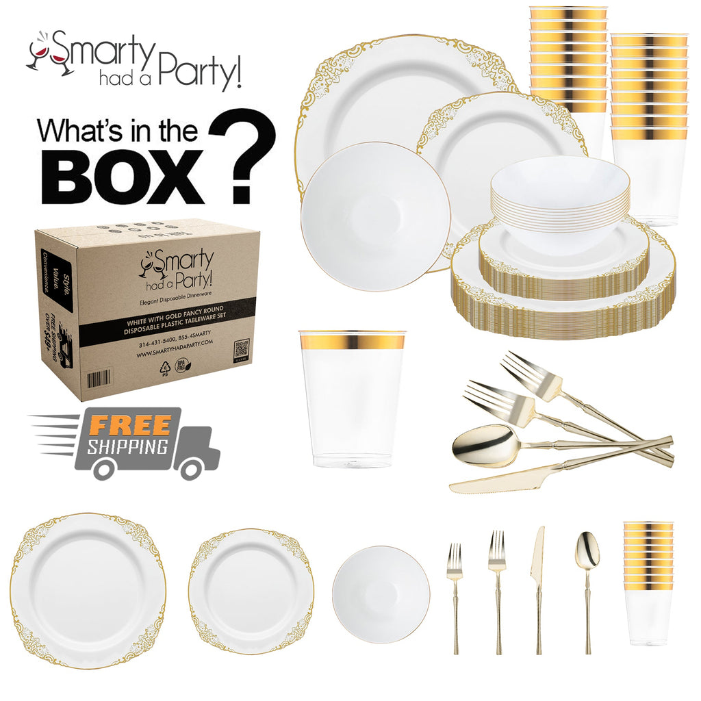 White with Gold Fancy Round Disposable Plastic Tableware Set