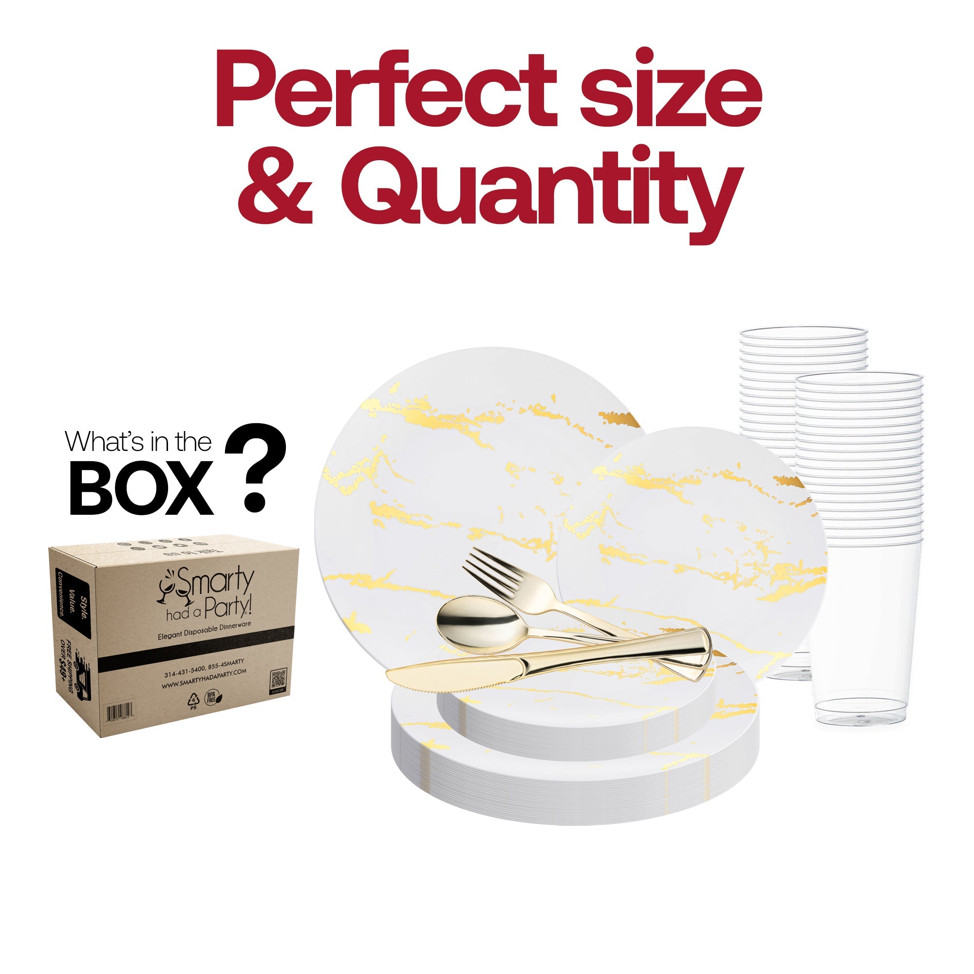White with Gold Marble Stroke Round Disposable Plastic Wedding Value Set