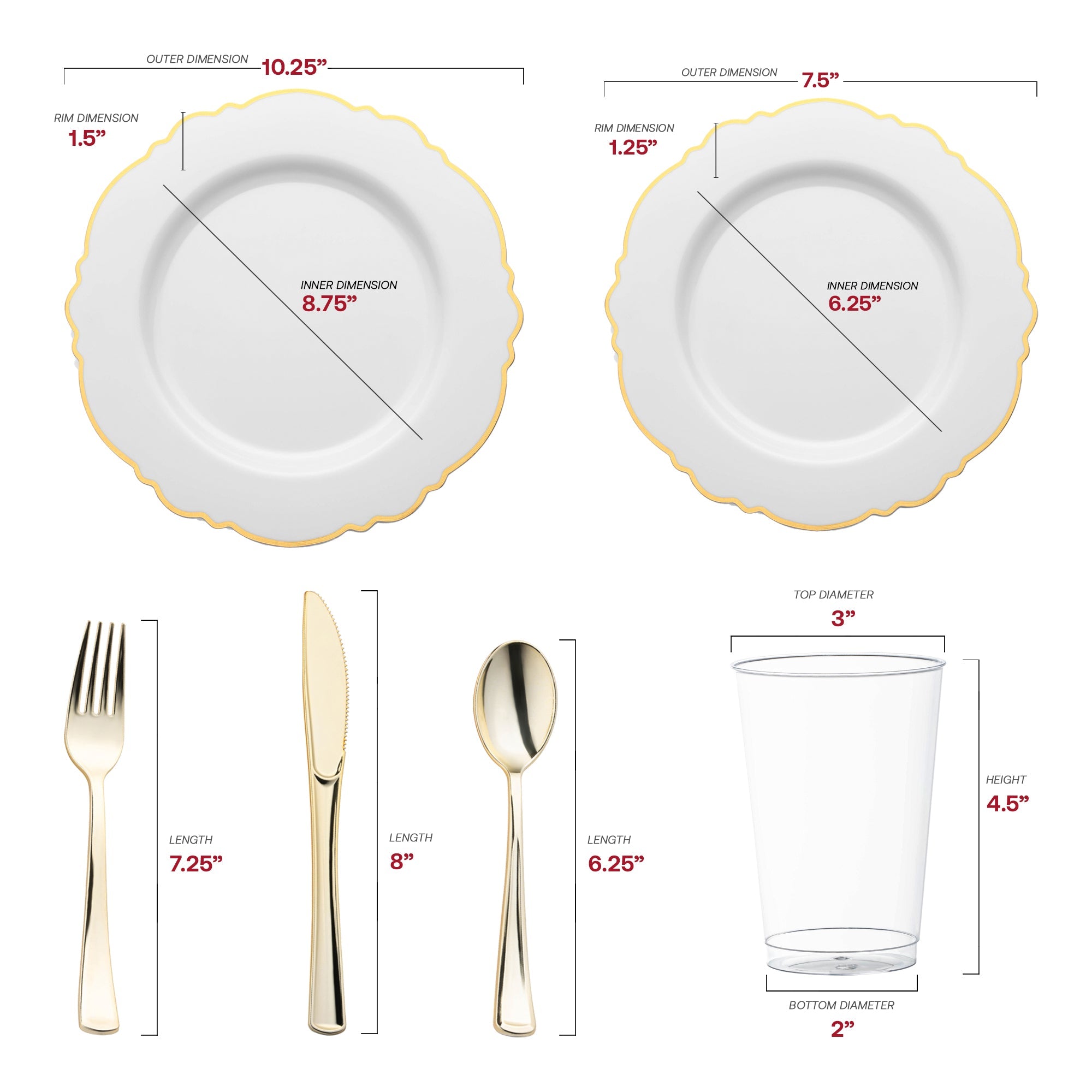 White with Gold Rim Round Blossom Disposable Plastic Wedding Value Set