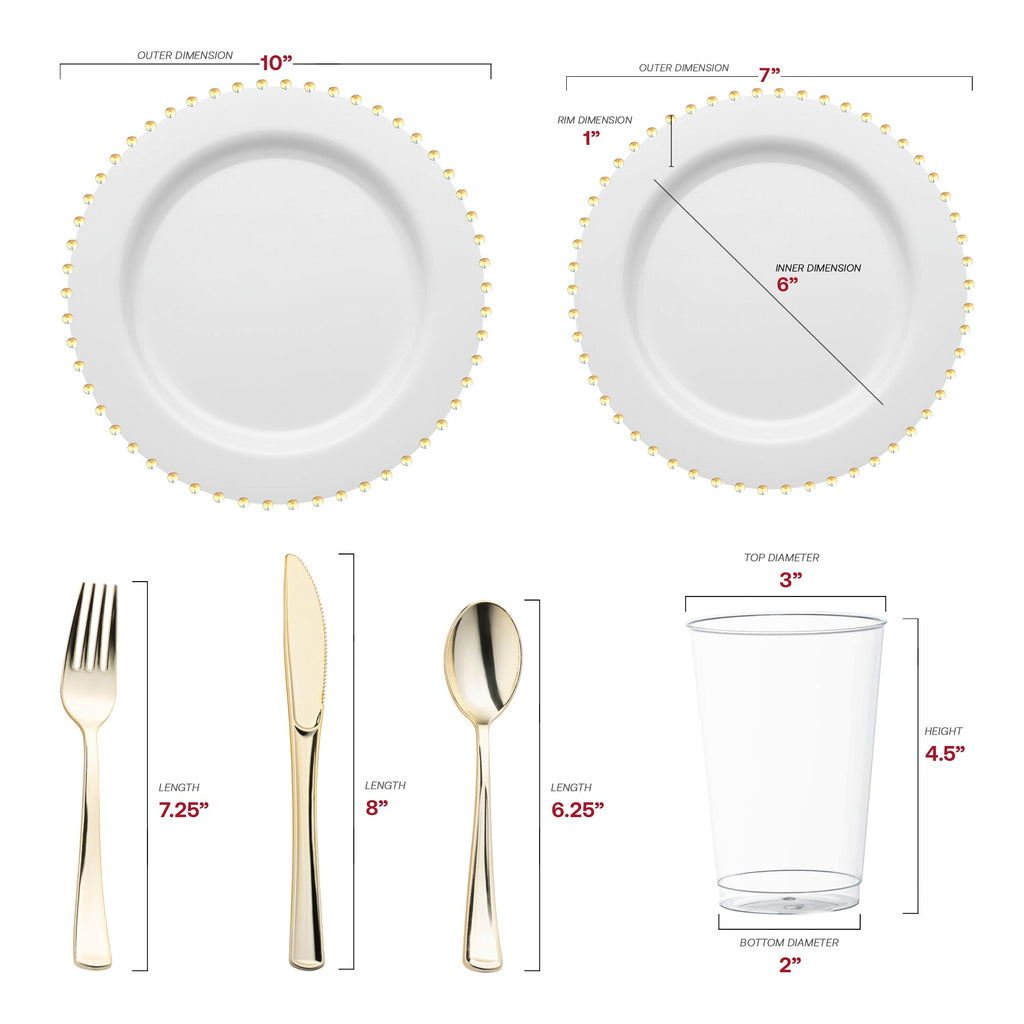 White with Gold Pearl String Round Disposable Plastic Wedding Value Set