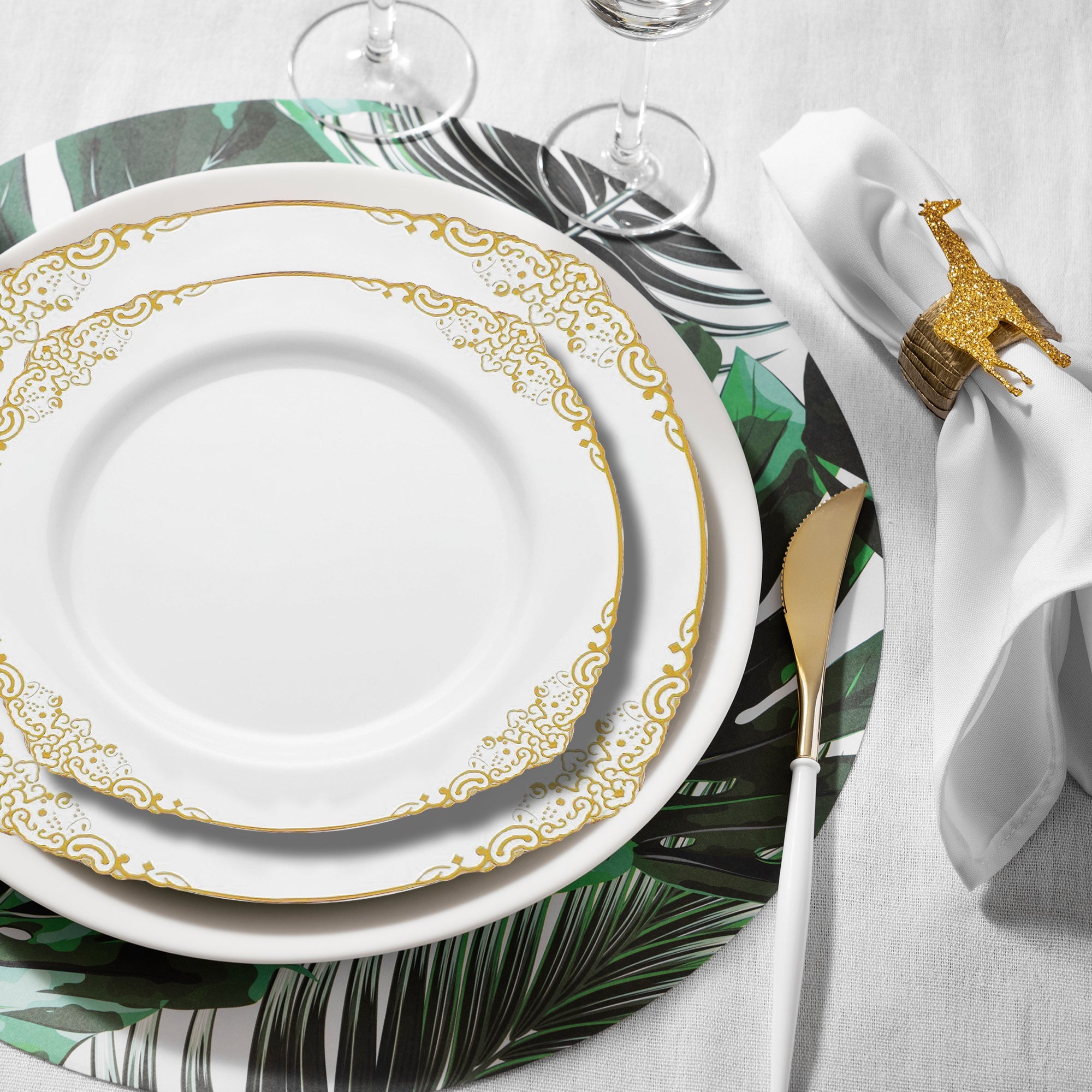 White with Gold Fancy Round Disposable Plastic Dinnerware Value Set