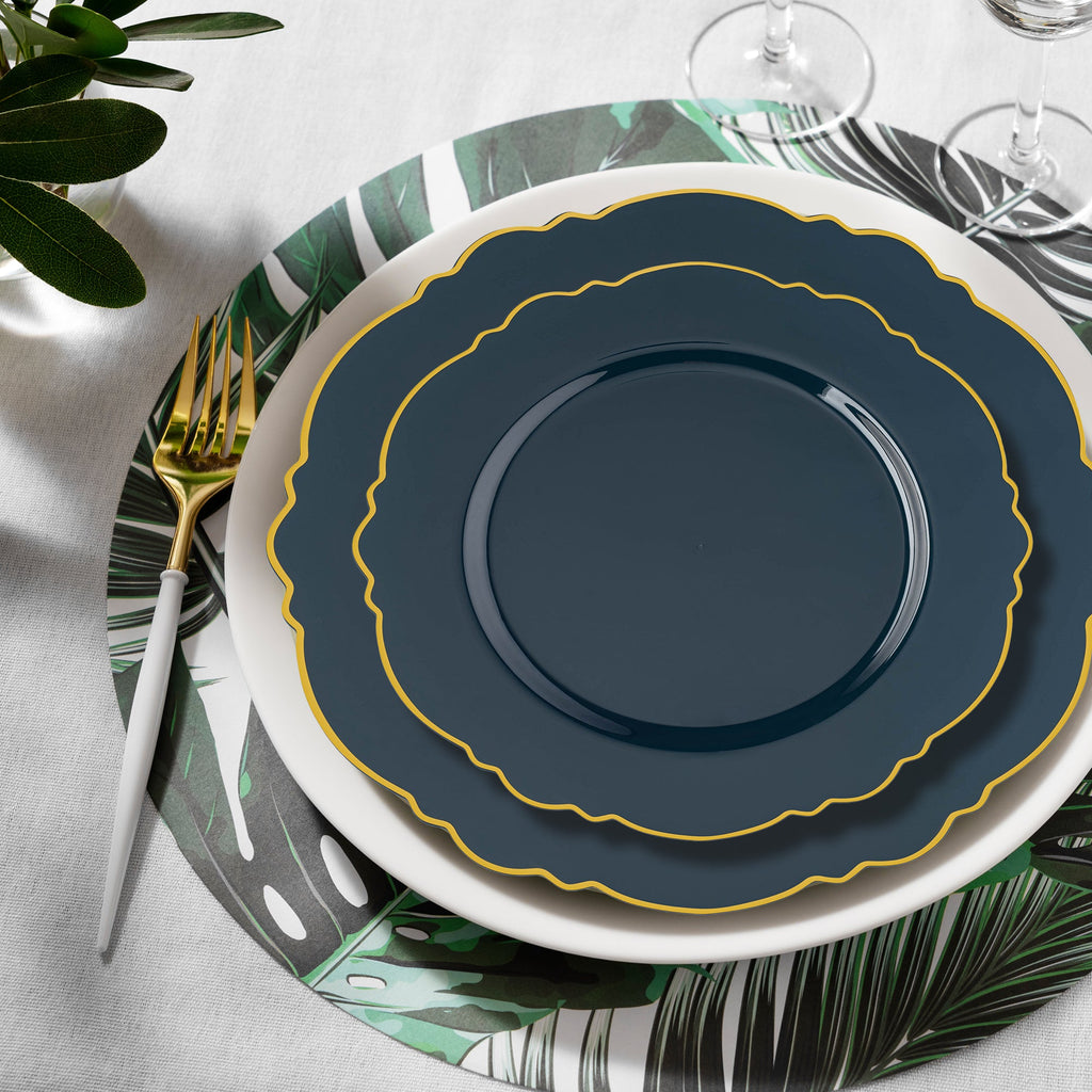 Navy with Gold Rim Round Blossom Disposable Plastic Dinnerware Value Set