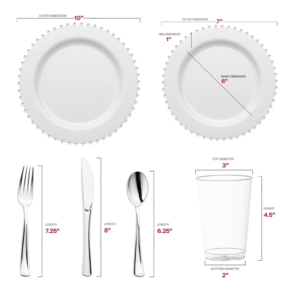 White with Silver Pearl String Round Disposable Plastic Wedding Value Set