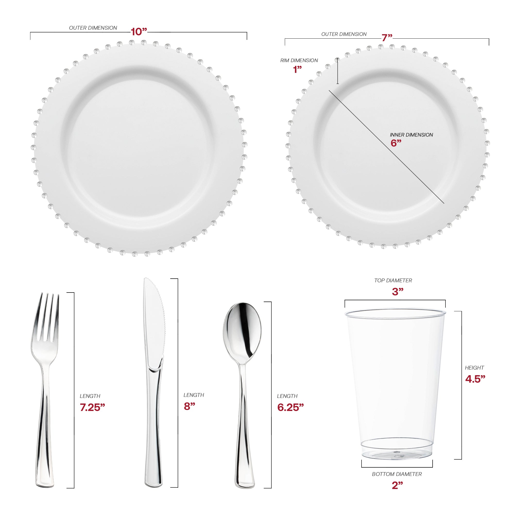 White with Silver Pearl String Round Disposable Plastic Wedding Value Set