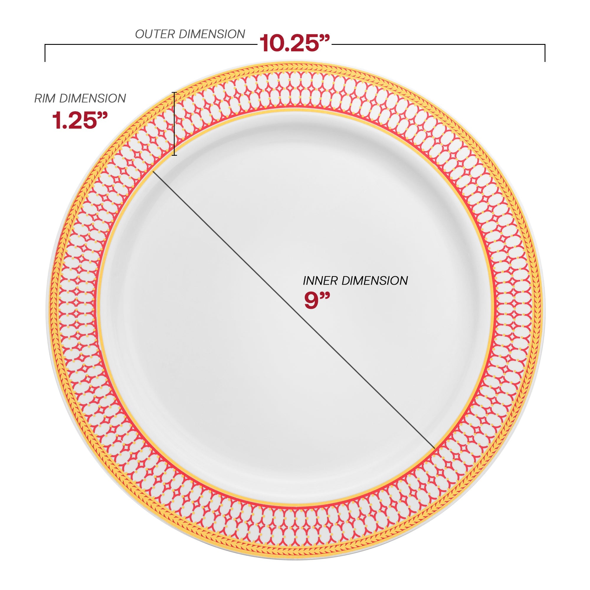 White with Red and Gold Chord Rim Plastic Dinnerware Value Set