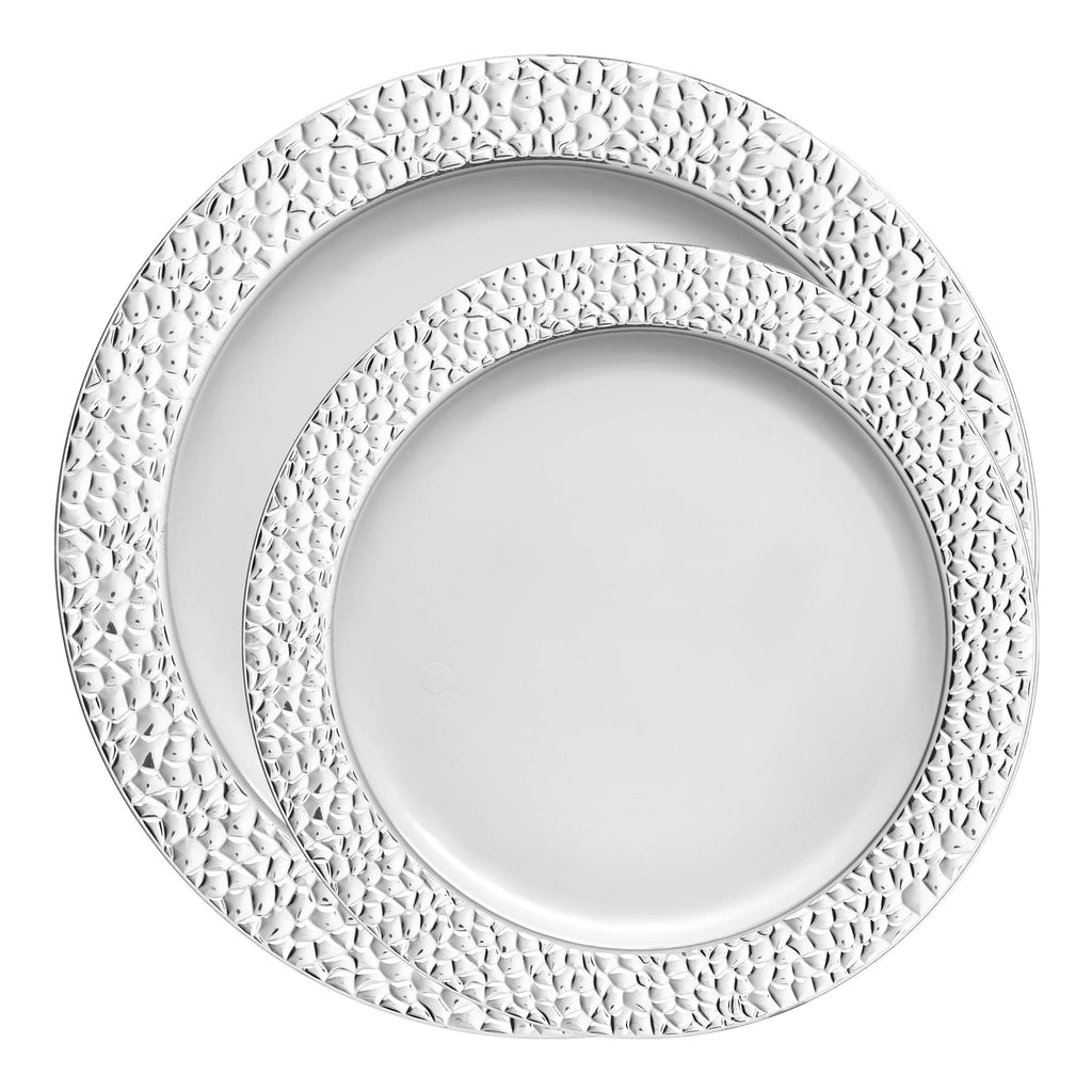 White with Silver Hammered Rim Plastic Dinnerware Value Set