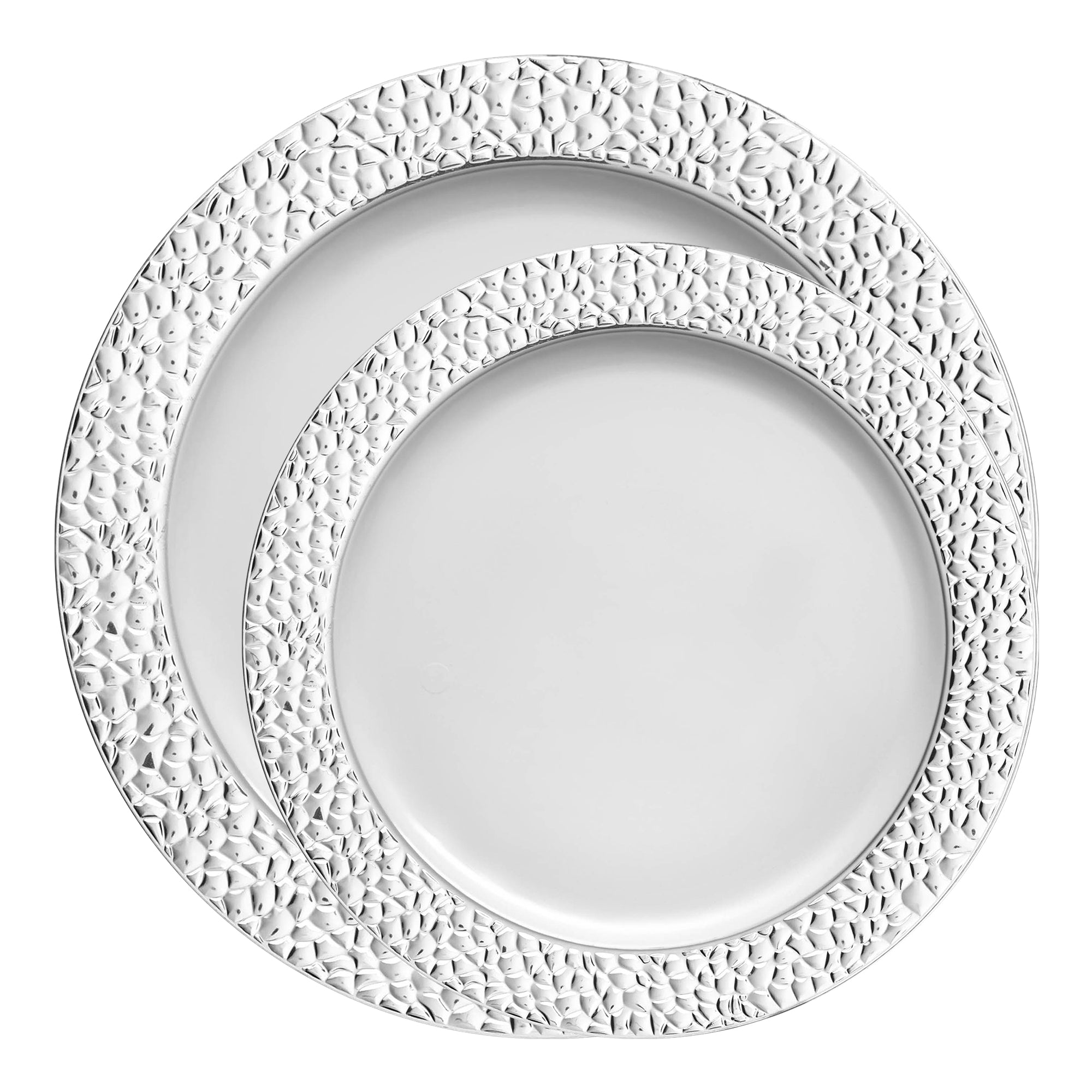 White with Silver Hammered Rim Plastic Dinnerware Value Set