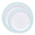 White with Turquoise Blue and Silver Mosaic Rim Round Plastic Dinnerware Value Set