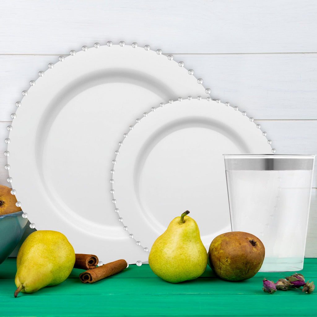 White with Silver Pearl String Round Disposable Plastic Tableware Set