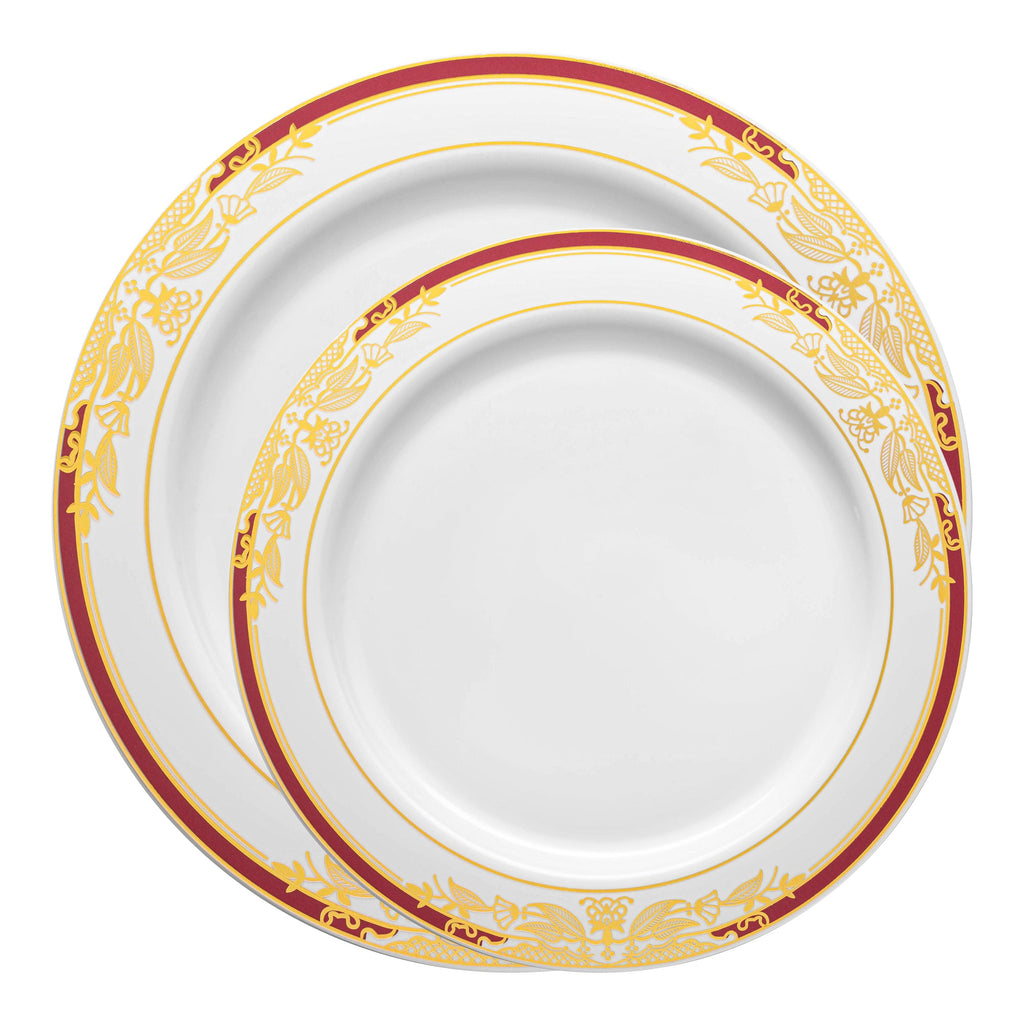 White with Burgundy and Gold Harmony Rim Plastic Dinnerware Value Set