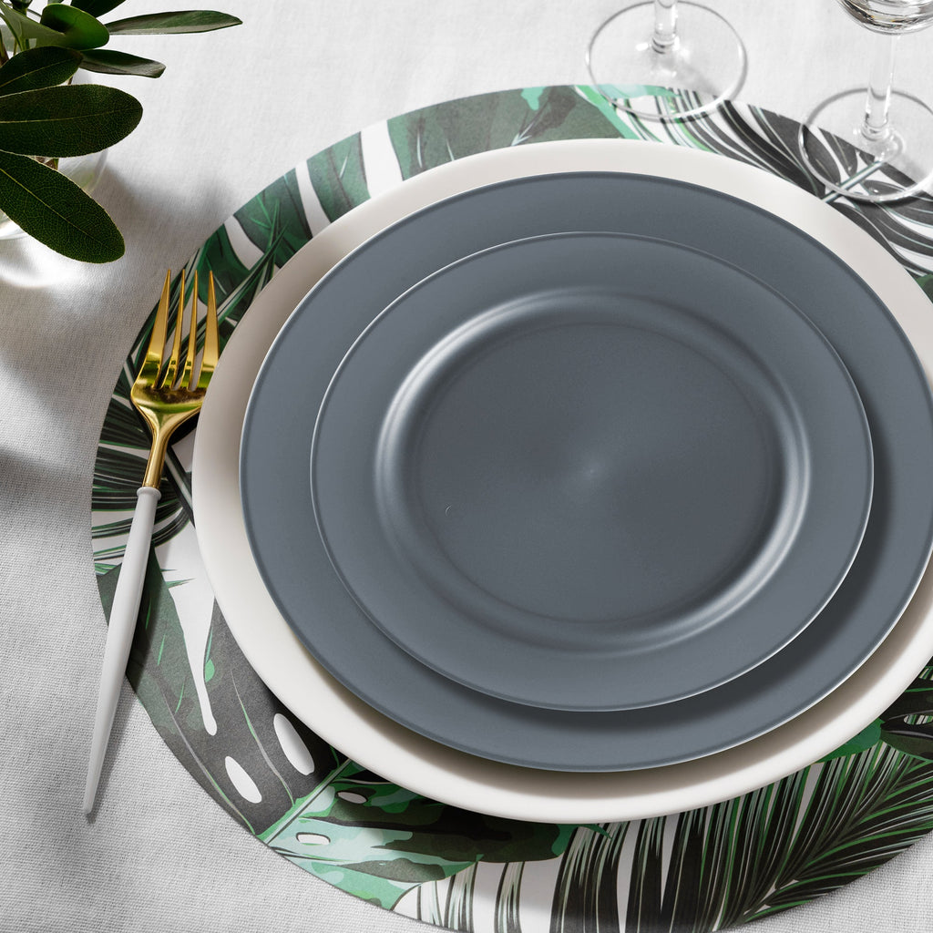 Matte Charcoal Gray Round Disposable Plastic Dinnerware Value Set
