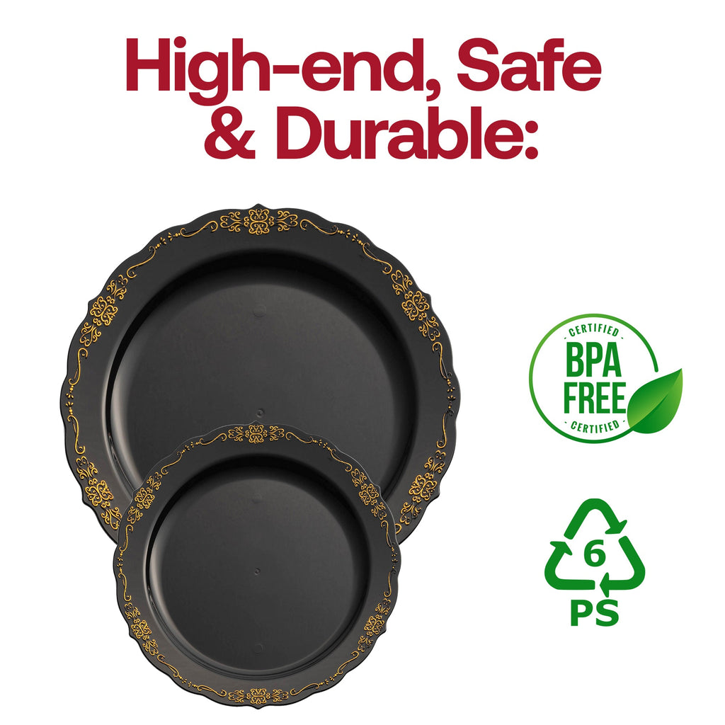 Black with Gold Vintage Rim Round Disposable Plastic Dinnerware Value Set