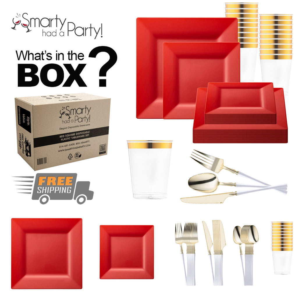 Red Square Disposable Plastic Tableware Set