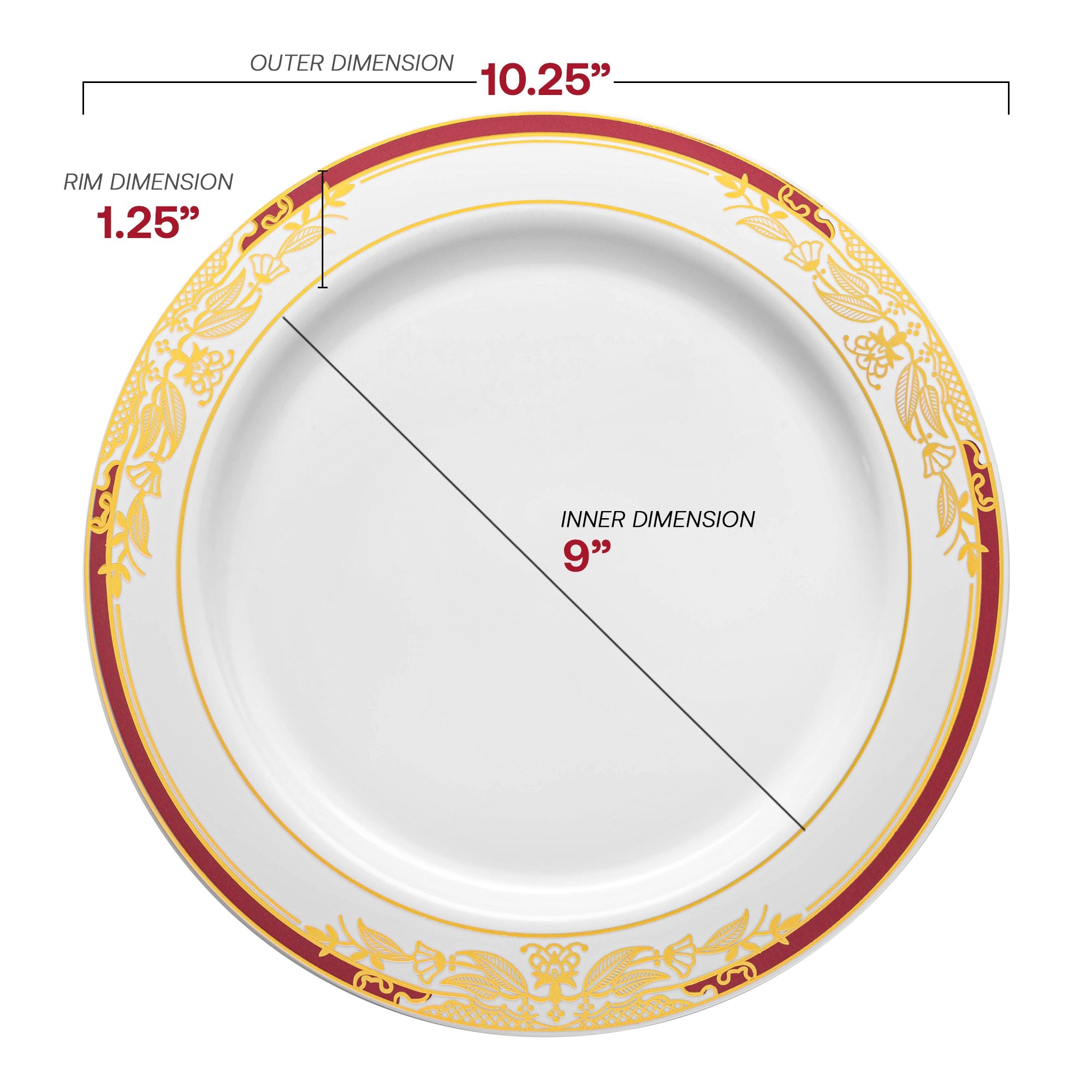White with Burgundy and Gold Harmony Rim Plastic Dinnerware Value Set