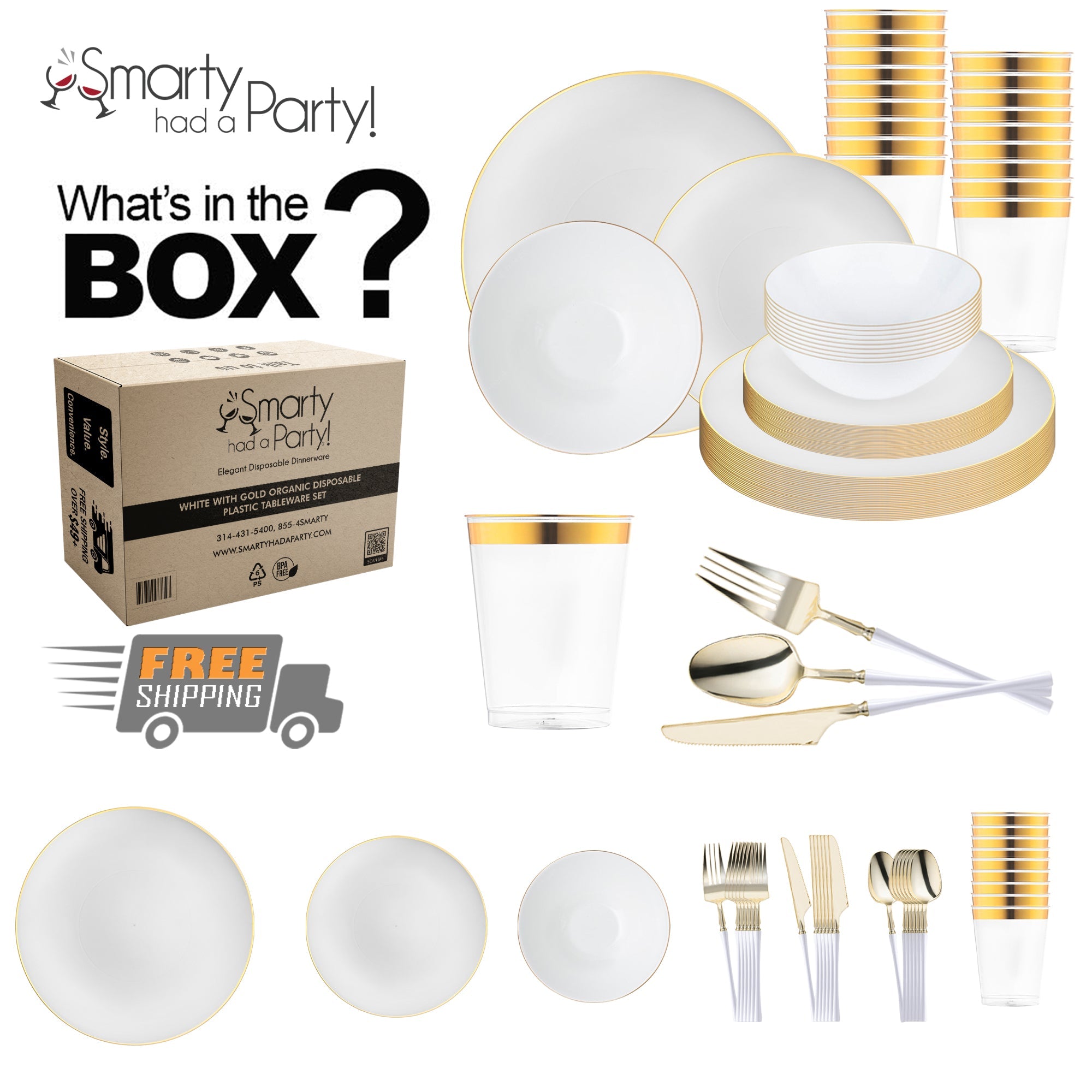 White with Gold Organic Disposable Plastic Tableware Set