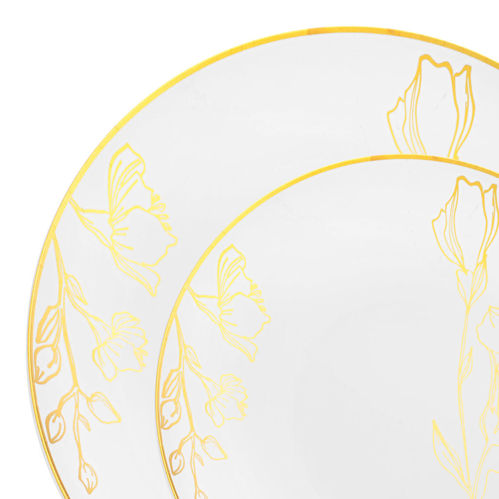 White with Gold Antique Floral Round Disposable Plastic Dinnerware Value Set