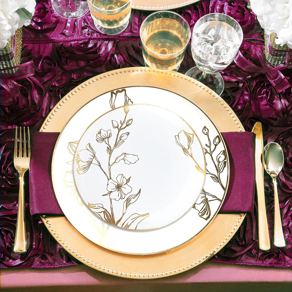 White with Gold Antique Floral Round Disposable Plastic Wedding Value Set