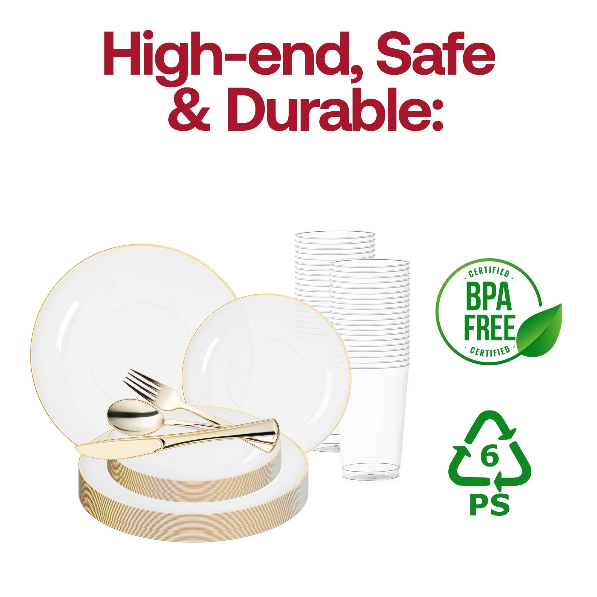 Clear with Gold Rim Organic Round Plastic Plastic Wedding Value Set