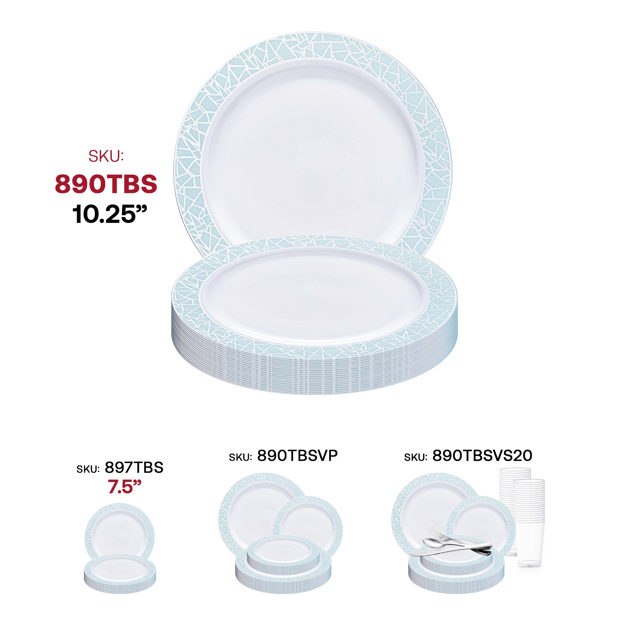White with Turquoise Blue and Silver Mosaic Rim Round Plastic Dinner Plates (10.25")