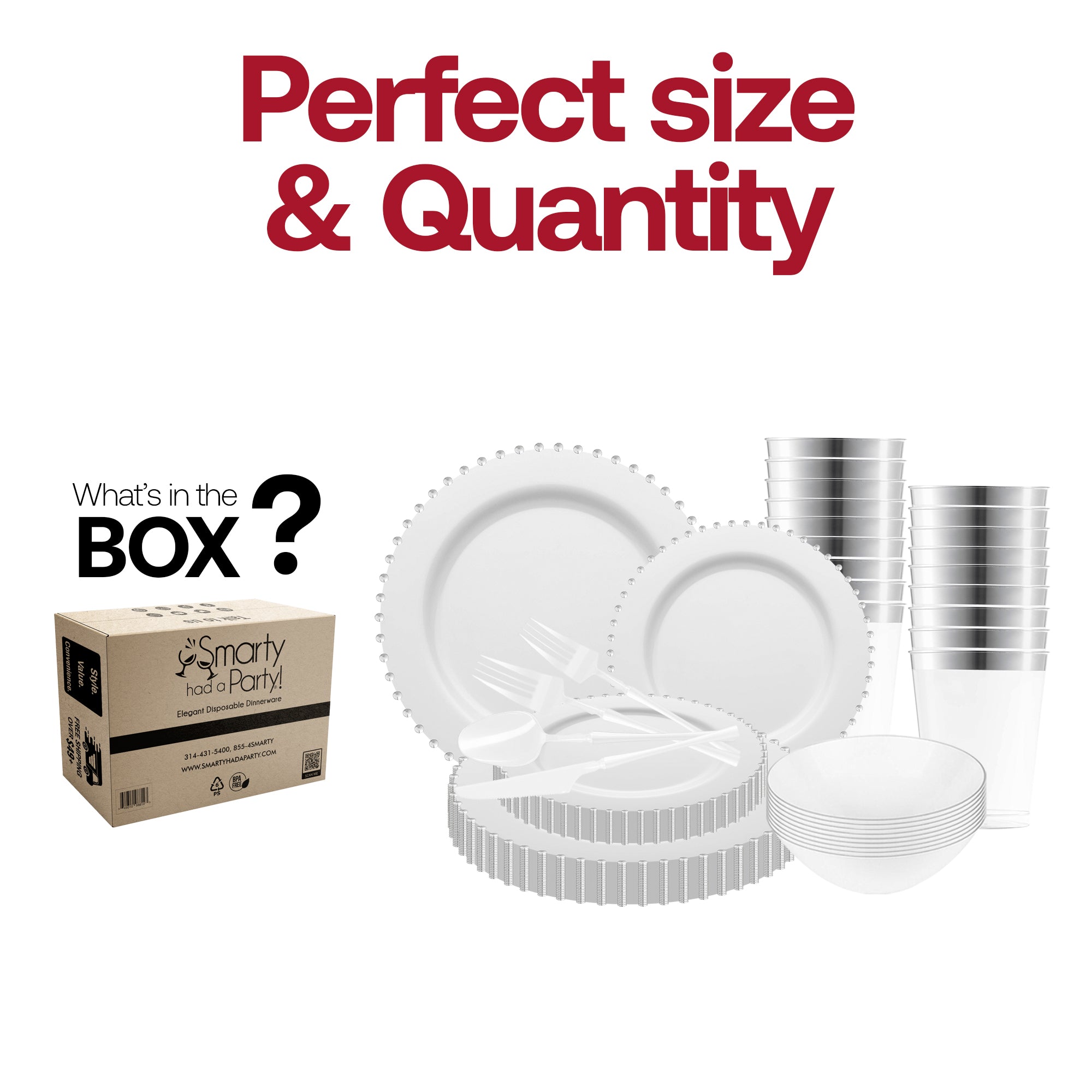 White with Silver Pearl String Round Disposable Plastic Tableware Set