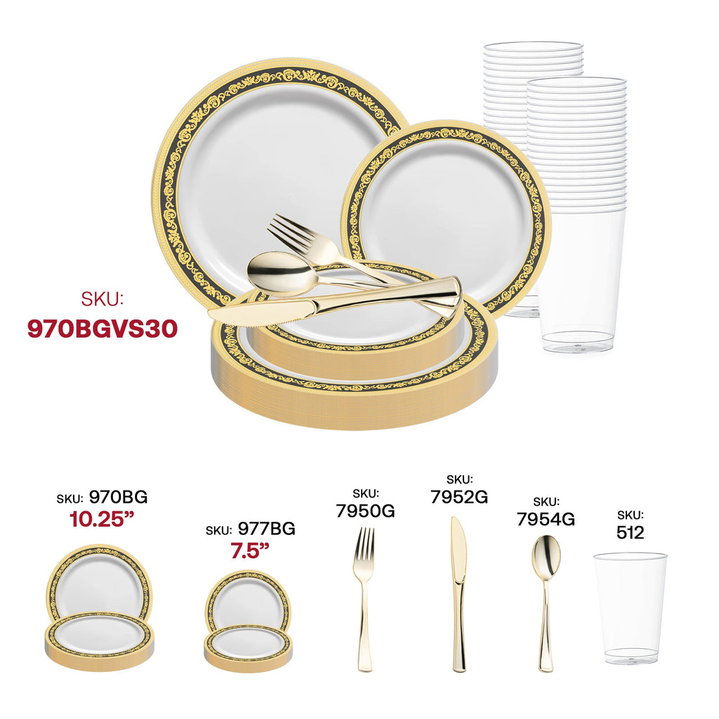 White with Black and Gold Royal Rim Plastic Wedding Value Set