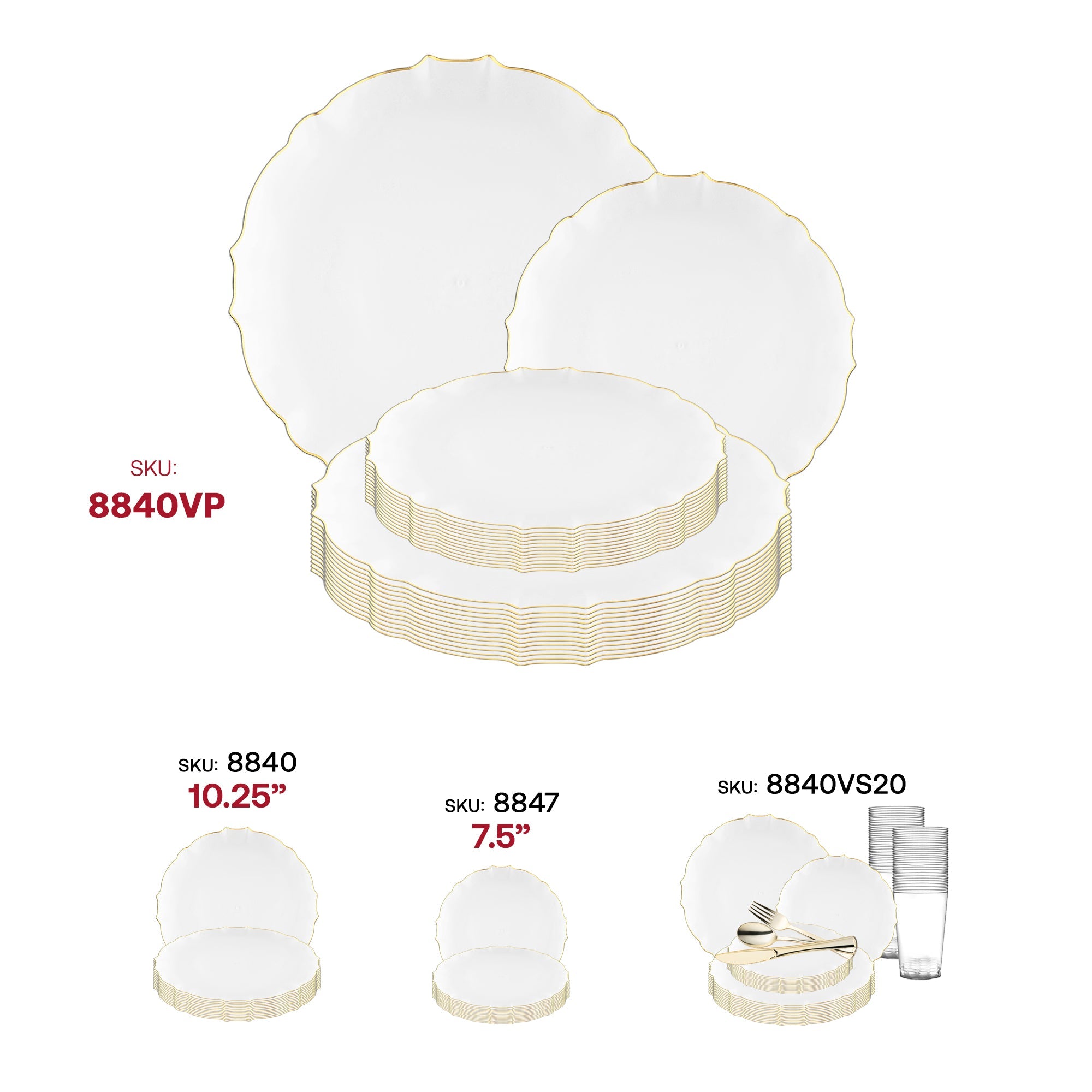 Clear with Gold Rim Round Lotus Plastic Dinnerware Value Set