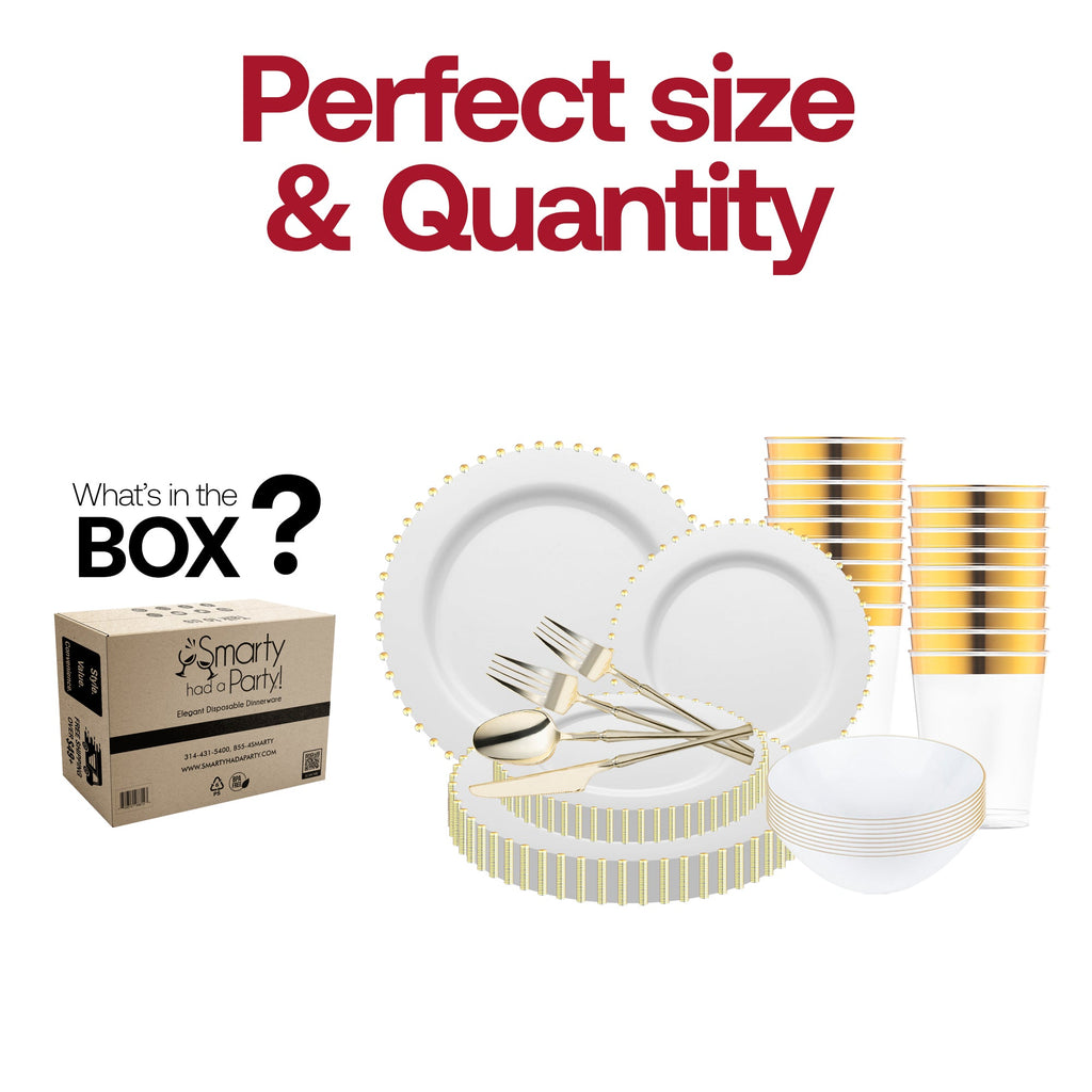 White with Gold Pearl String Round Disposable Plastic Tableware Set