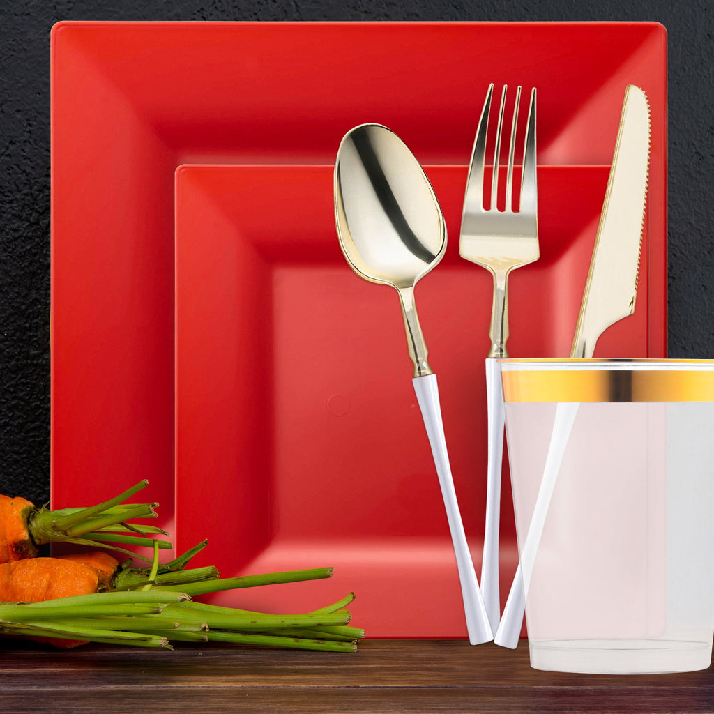 Red Square Disposable Plastic Tableware Set