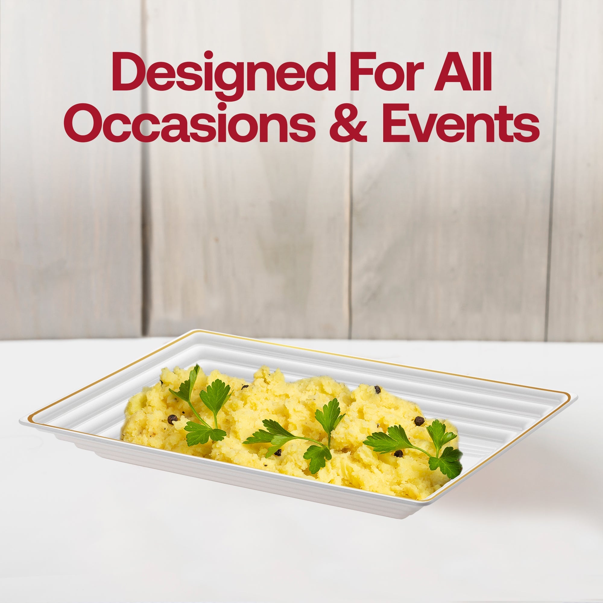 9" x 13" White with Gold Rim Rectangular Plastic Serving Trays
