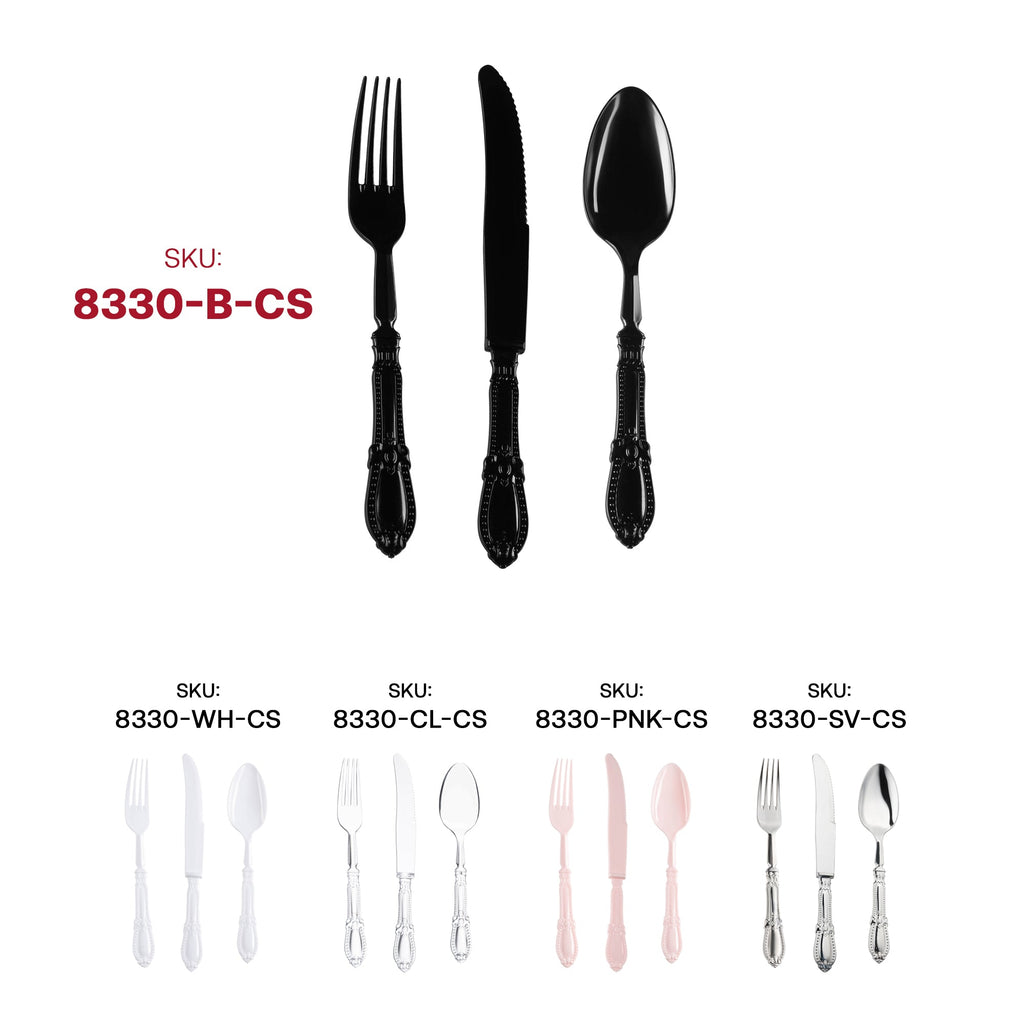Black Baroque Disposable Plastic Cutlery Set - 20 Spoons, 20 Forks and 20 Knives