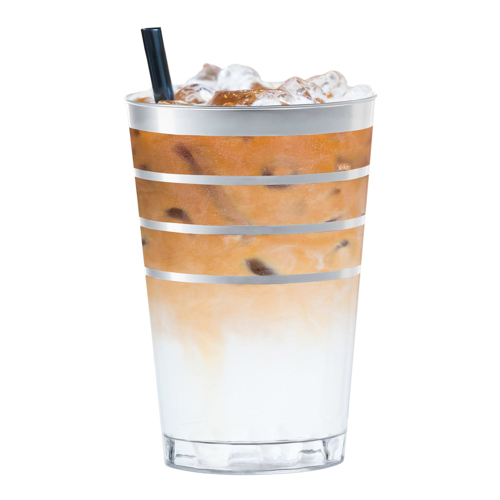 Clear with Silver Stripes Round Disposable Plastic Tumblers (12 oz. )