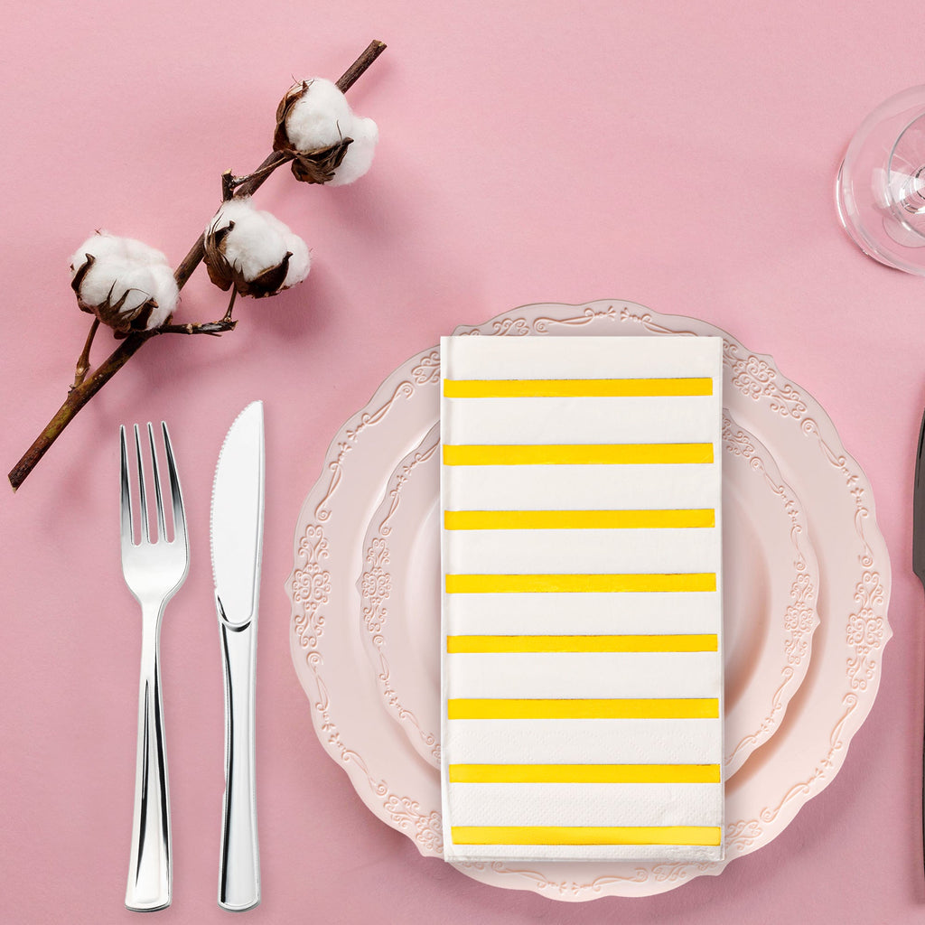 White with Gold Stripes Paper Dinner Napkins