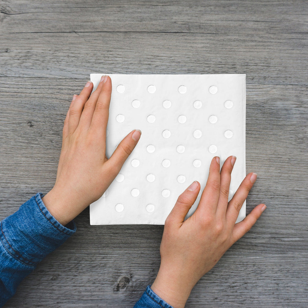 White with Silver Dots Paper Beverage/Cocktail Napkins