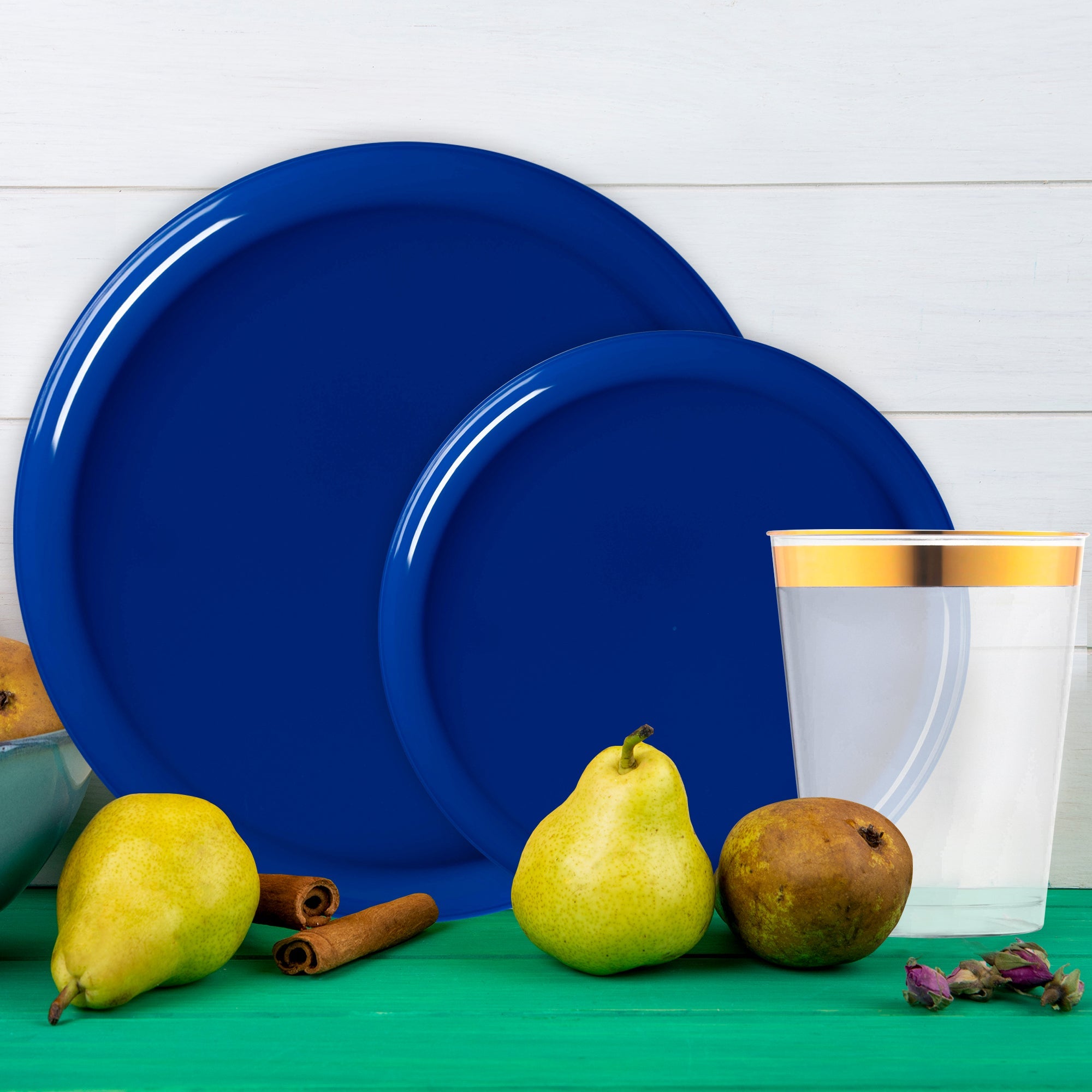 Solid Blue Flat Round Disposable Plastic Tableware Set