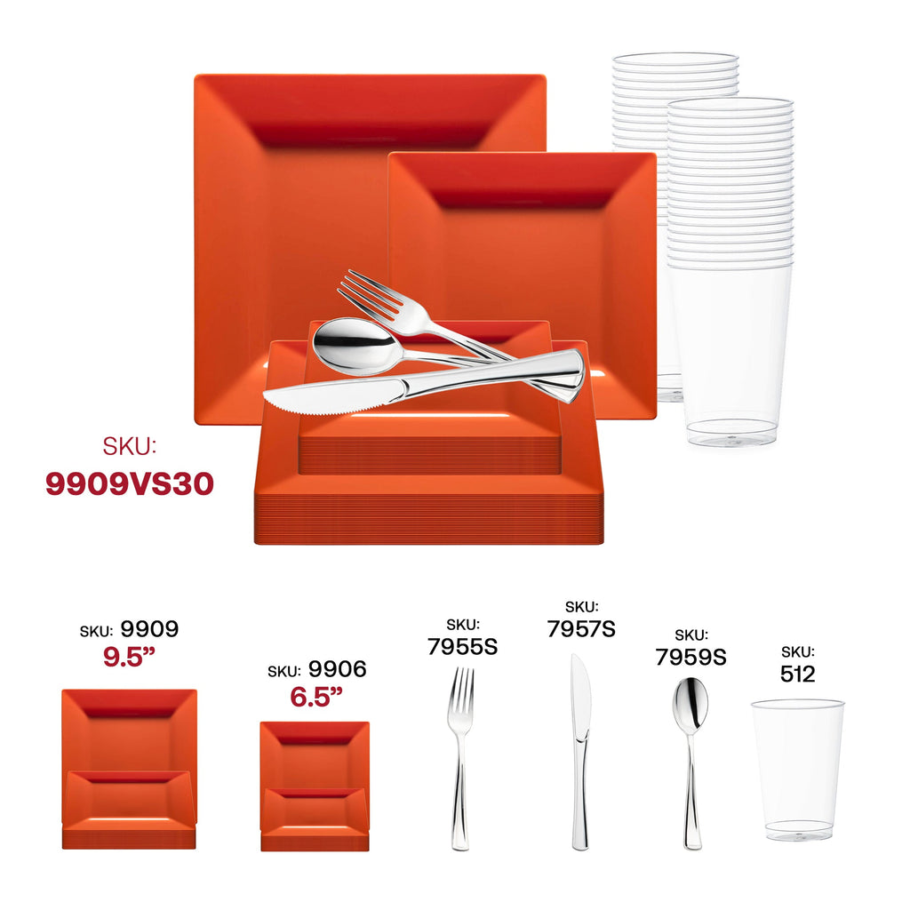 Burnt Orange Square Plastic Plates Wedding Value Set