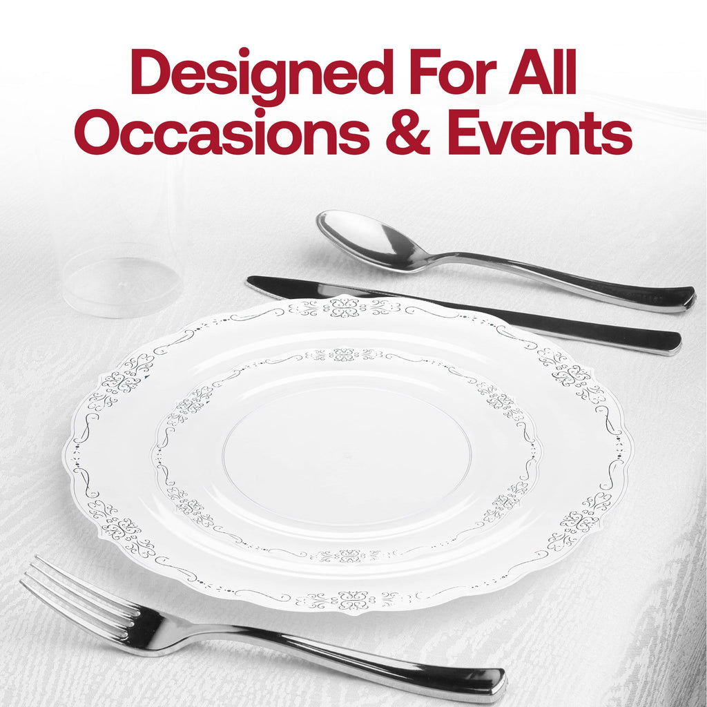 Clear with Silver Vintage Rim Round Disposable Plastic Appetizer/Salad Plates (7.5")
