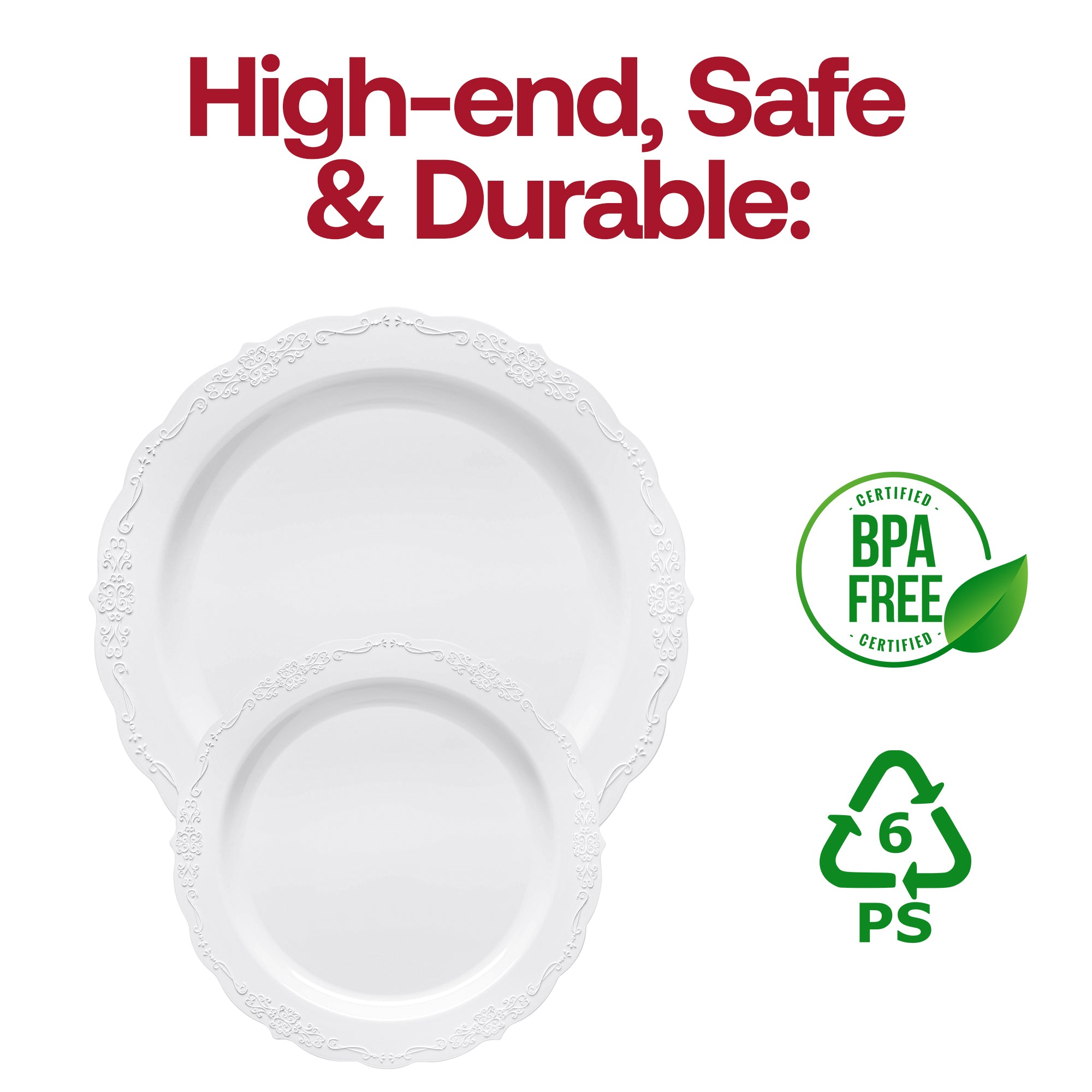 White Vintage Round Disposable Plastic Dinner Plates (10")