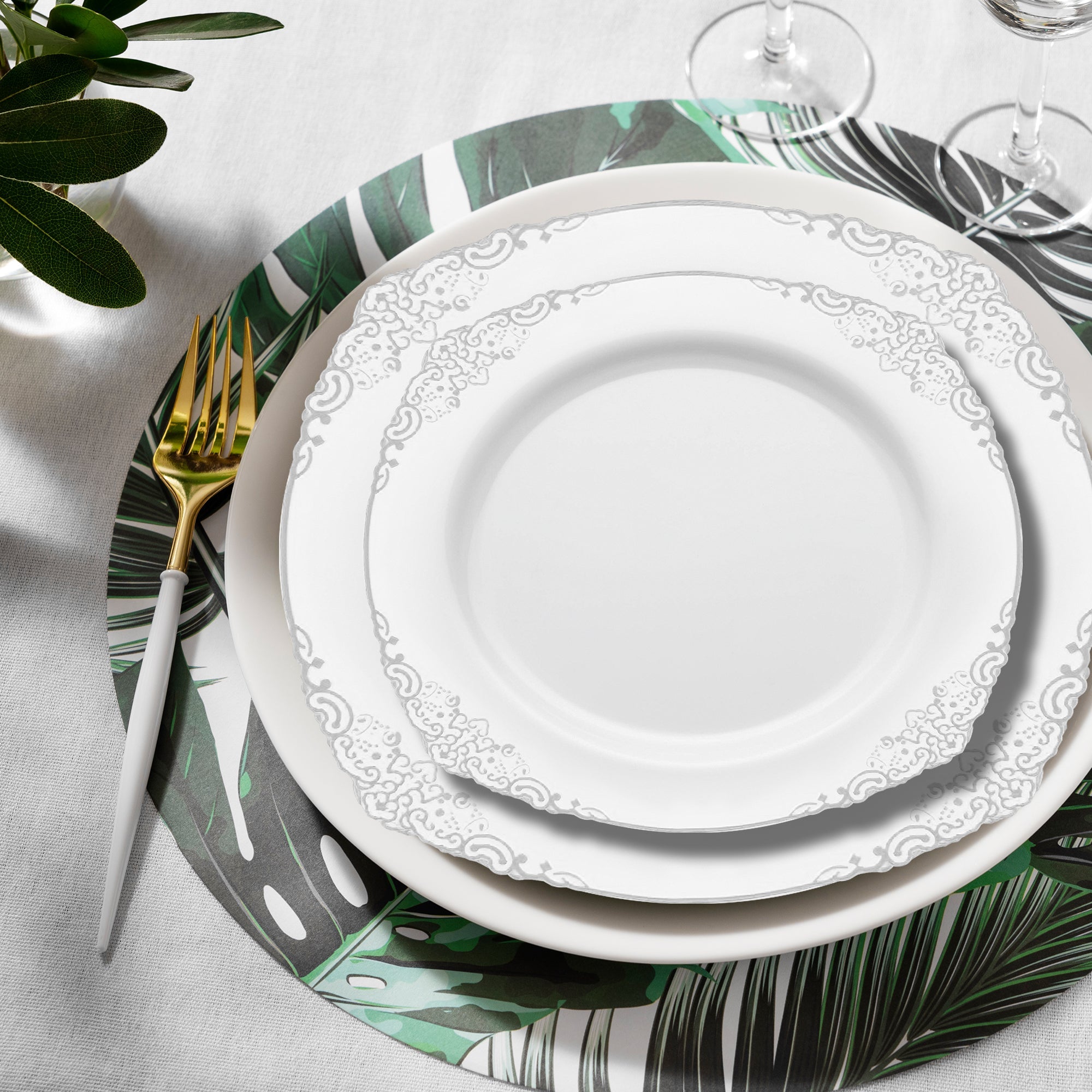 White with Silver Fancy Round Disposable Plastic Dinnerware Value Set