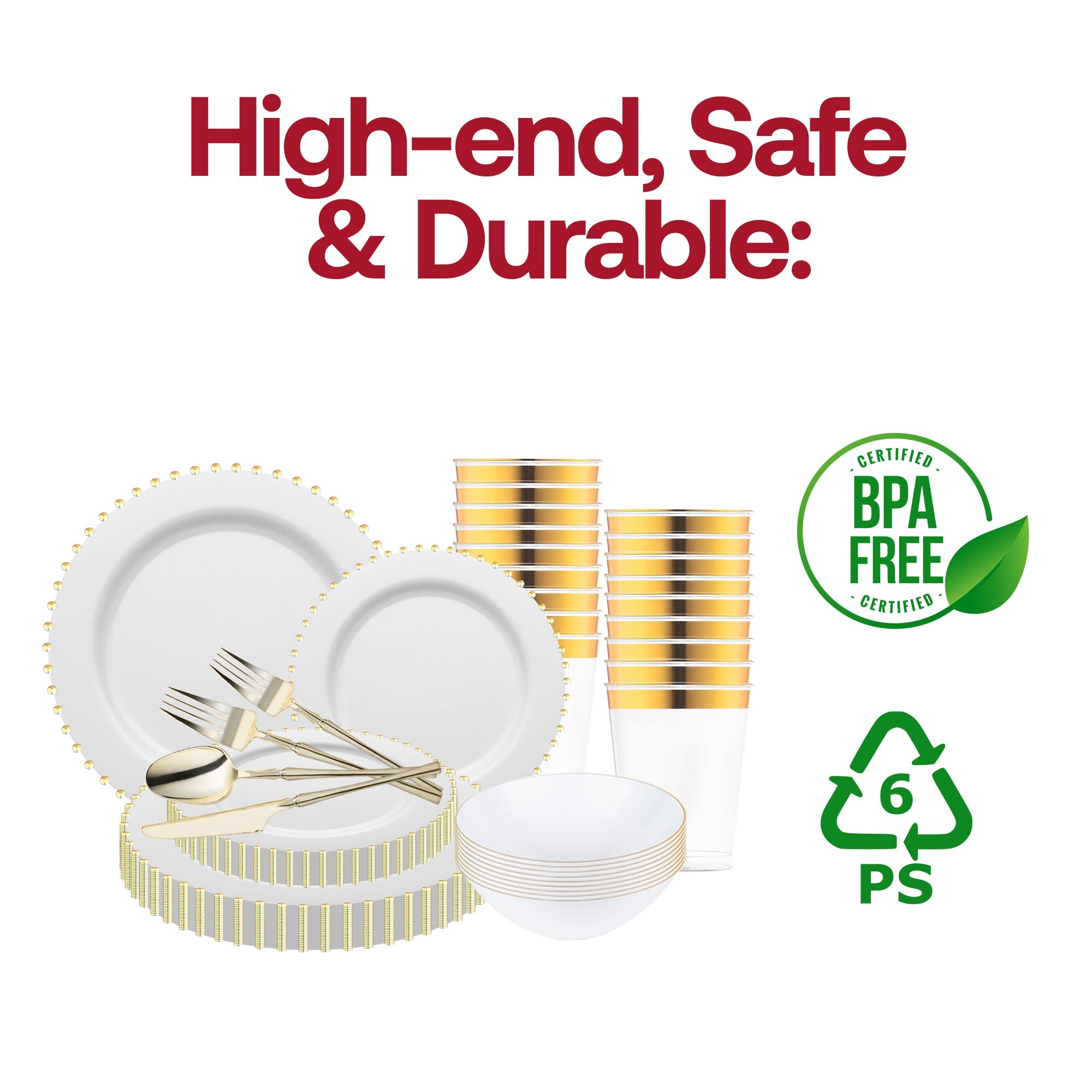 White with Gold Pearl String Round Disposable Plastic Tableware Set