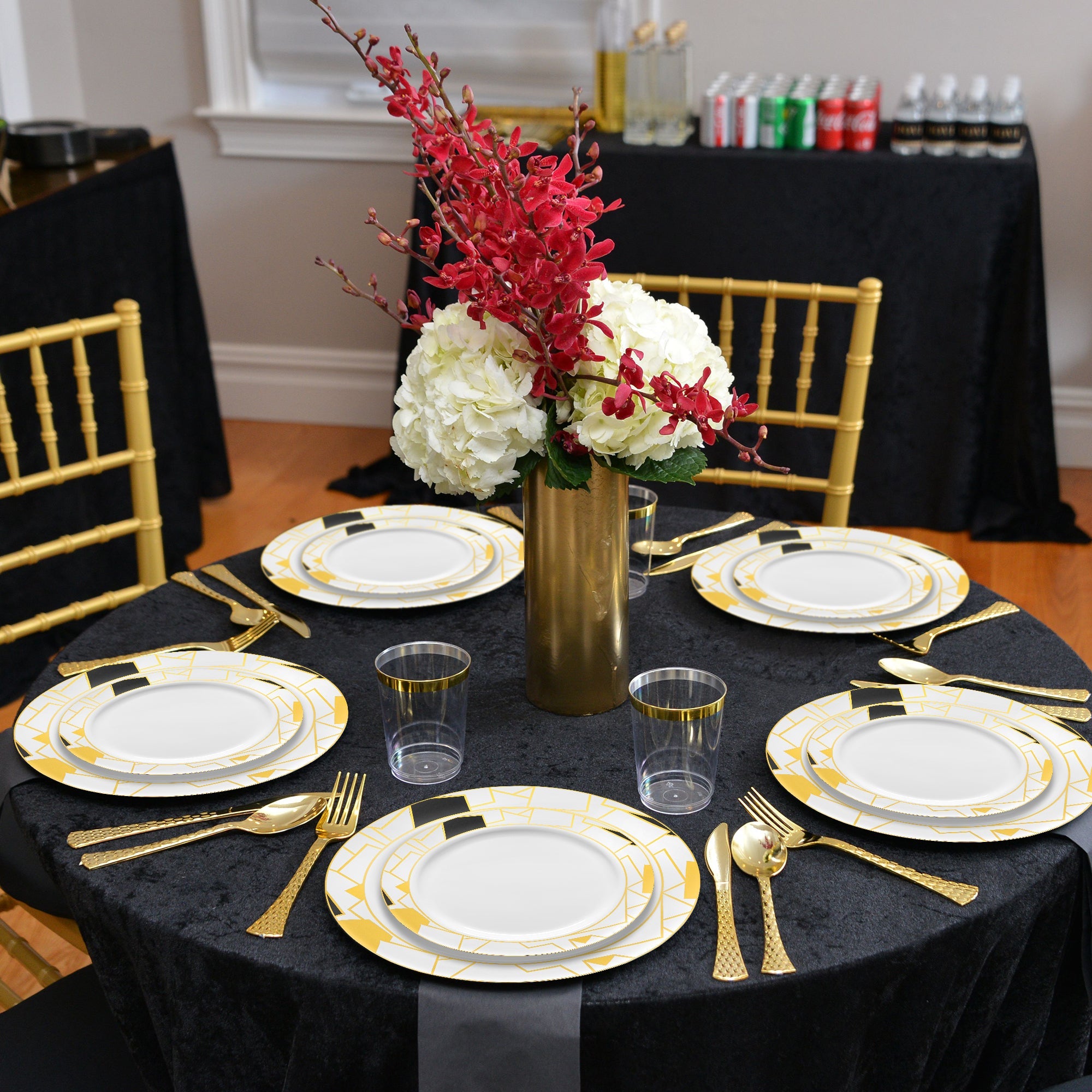 White with Black and Gold Abstract Squares Pattern Round Disposable Plastic Dinner Plates (10.25")
