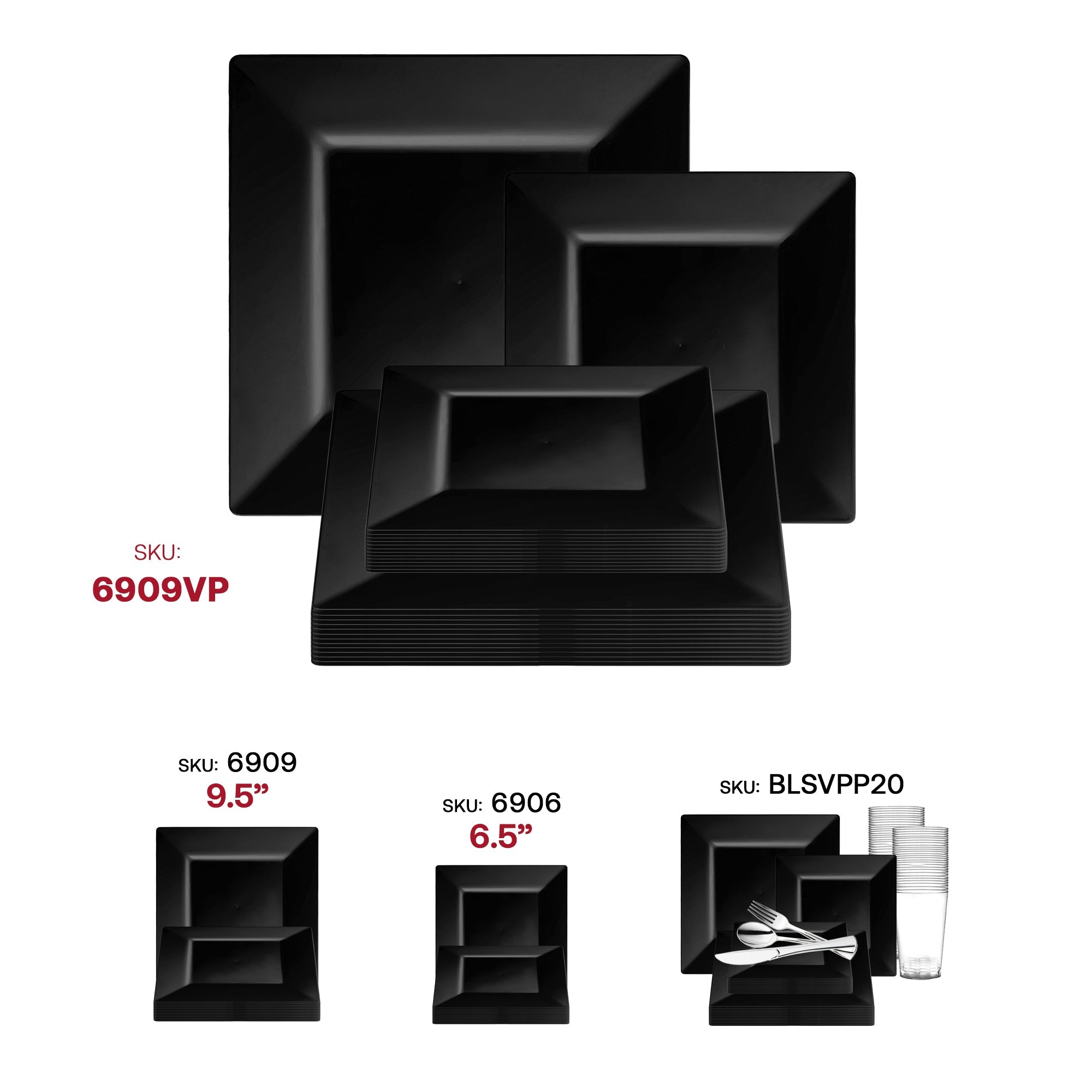Black Square Plastic Plates Dinnerware Value Set