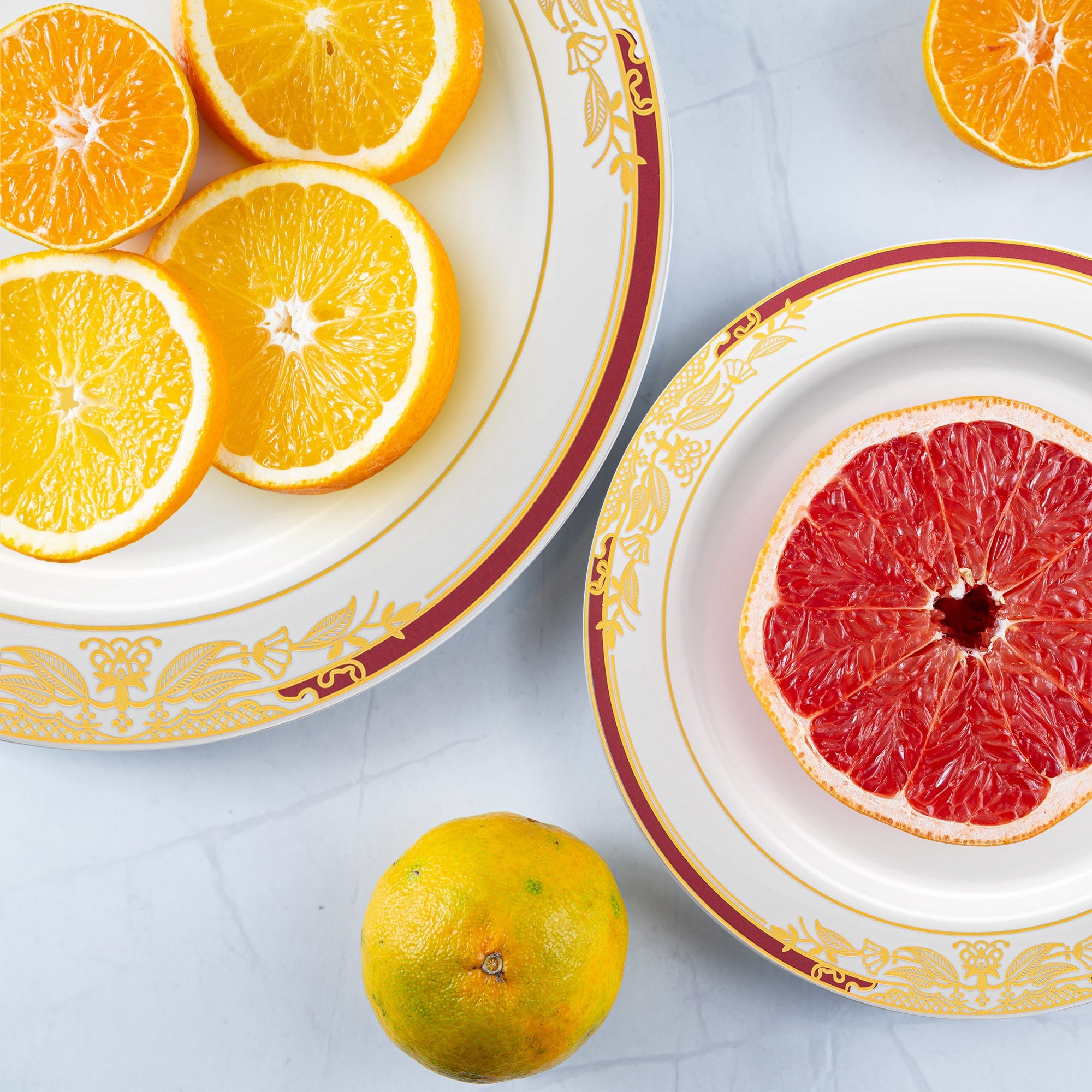 White with Burgundy and Gold Harmony Rim Plastic Dinnerware Value Set