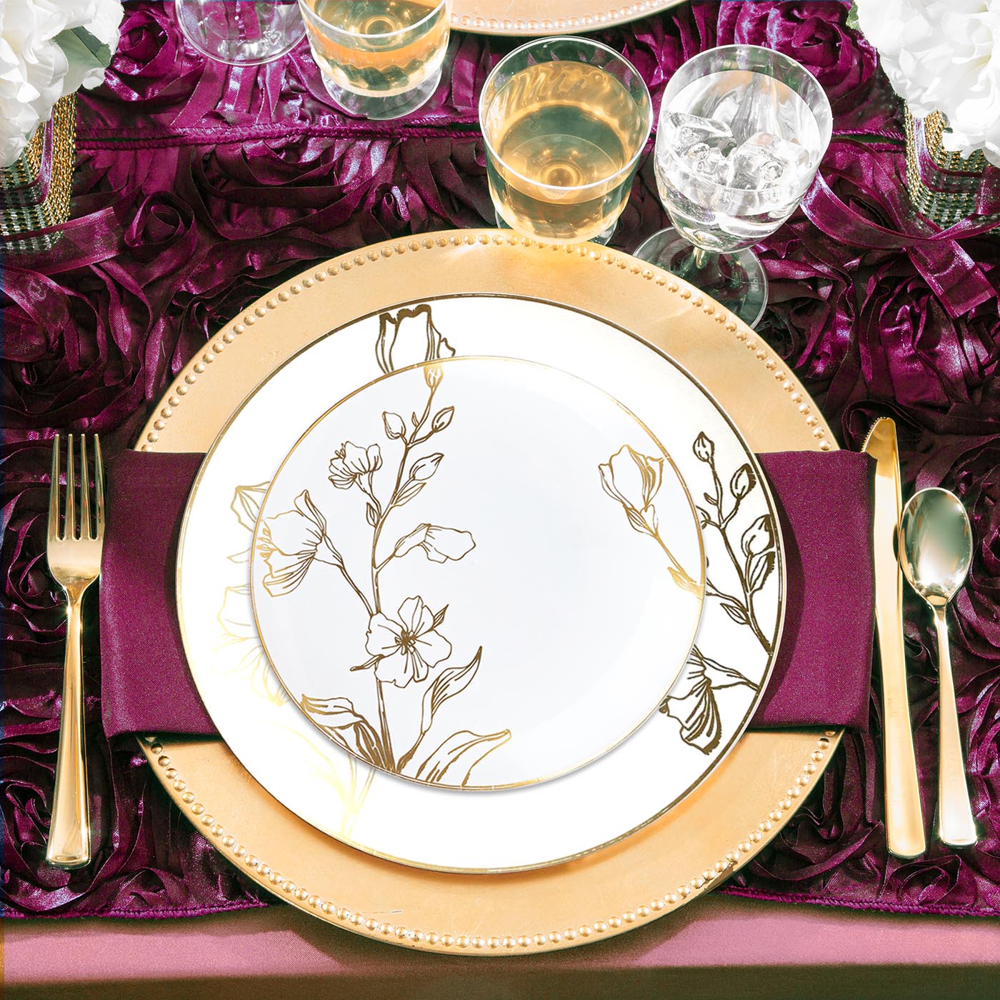 White with Gold Antique Floral Round Disposable Plastic Dinner Plates (10.25")